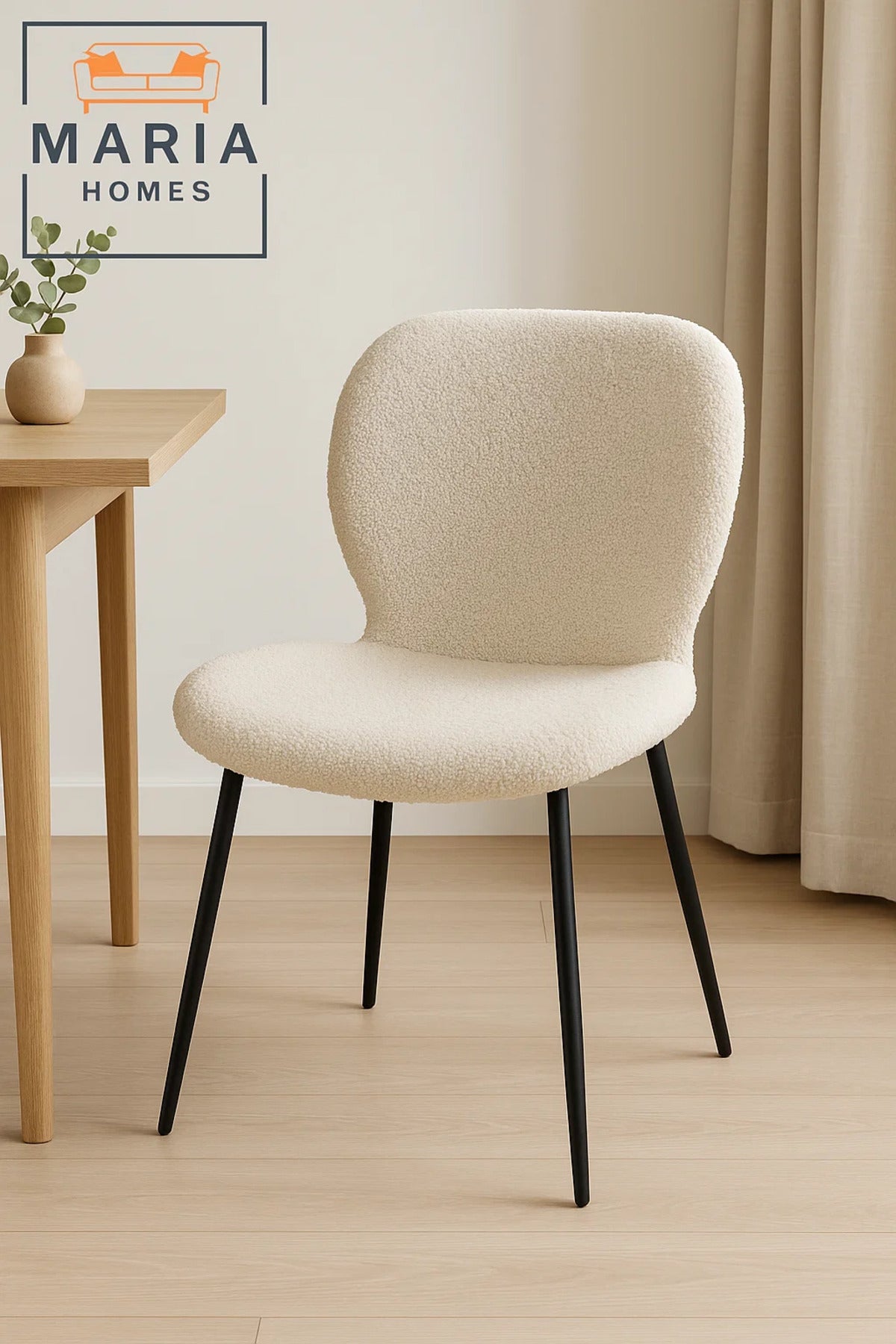 Cream BouclŽ Fabric Dining Chair Ð Cozy Curved Seat with Black Metal Legs for Modern Home or Office
