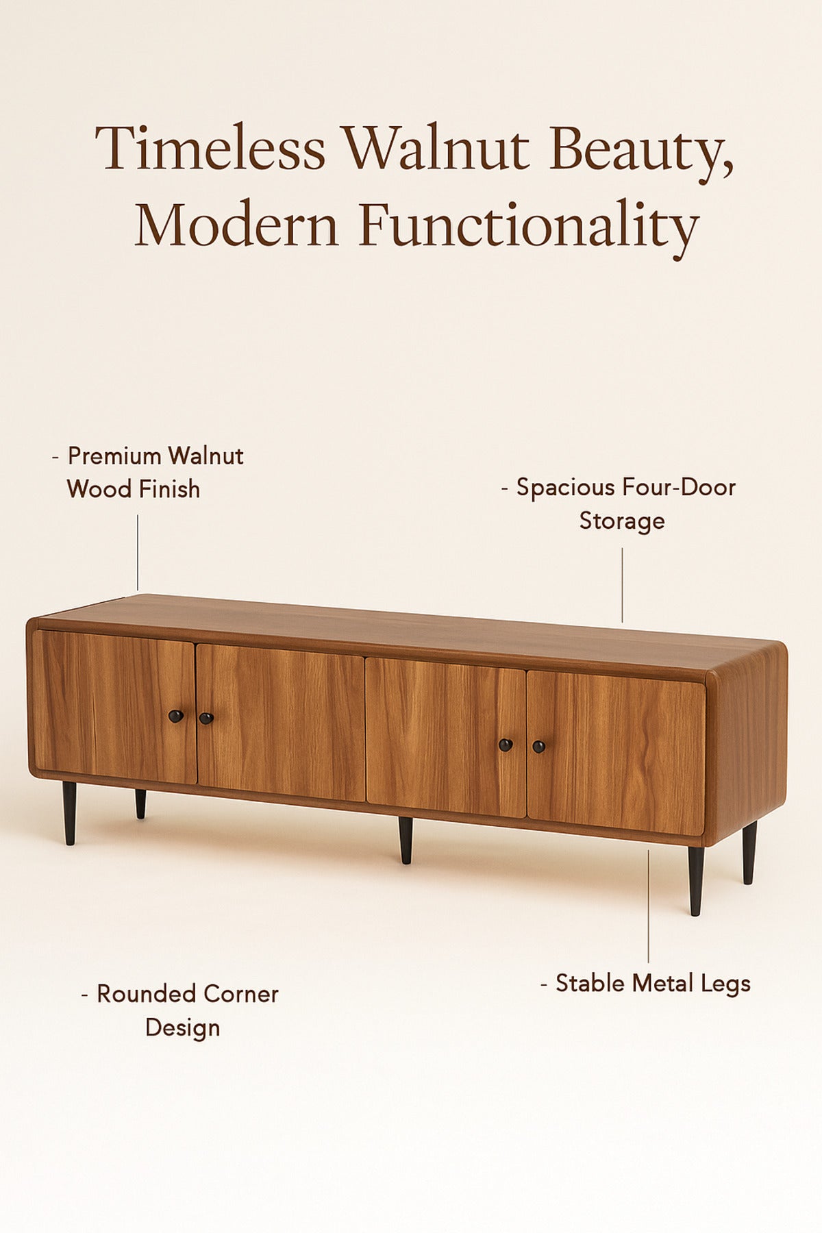 Walnut Wooden TV Stand 180_40_54 cm Ð Modern 4-Door TV Unit with Black Metal Legs for Living Room