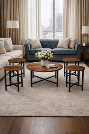 Rustic 5-Piece Round Nesting Coffee Table Set Industrial Wood Top Metal Legs Living Room Home