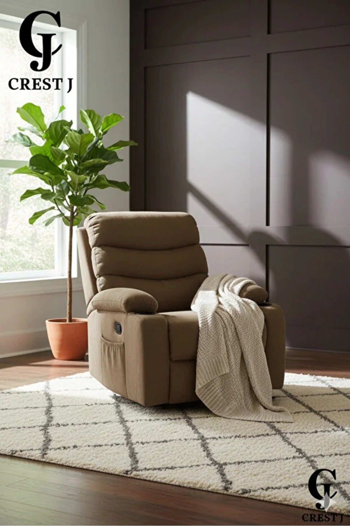 Brown Recliner Armchair with Cup Holders Ð Soft Fabric Lounge Chair for Living Room & Home Theater
