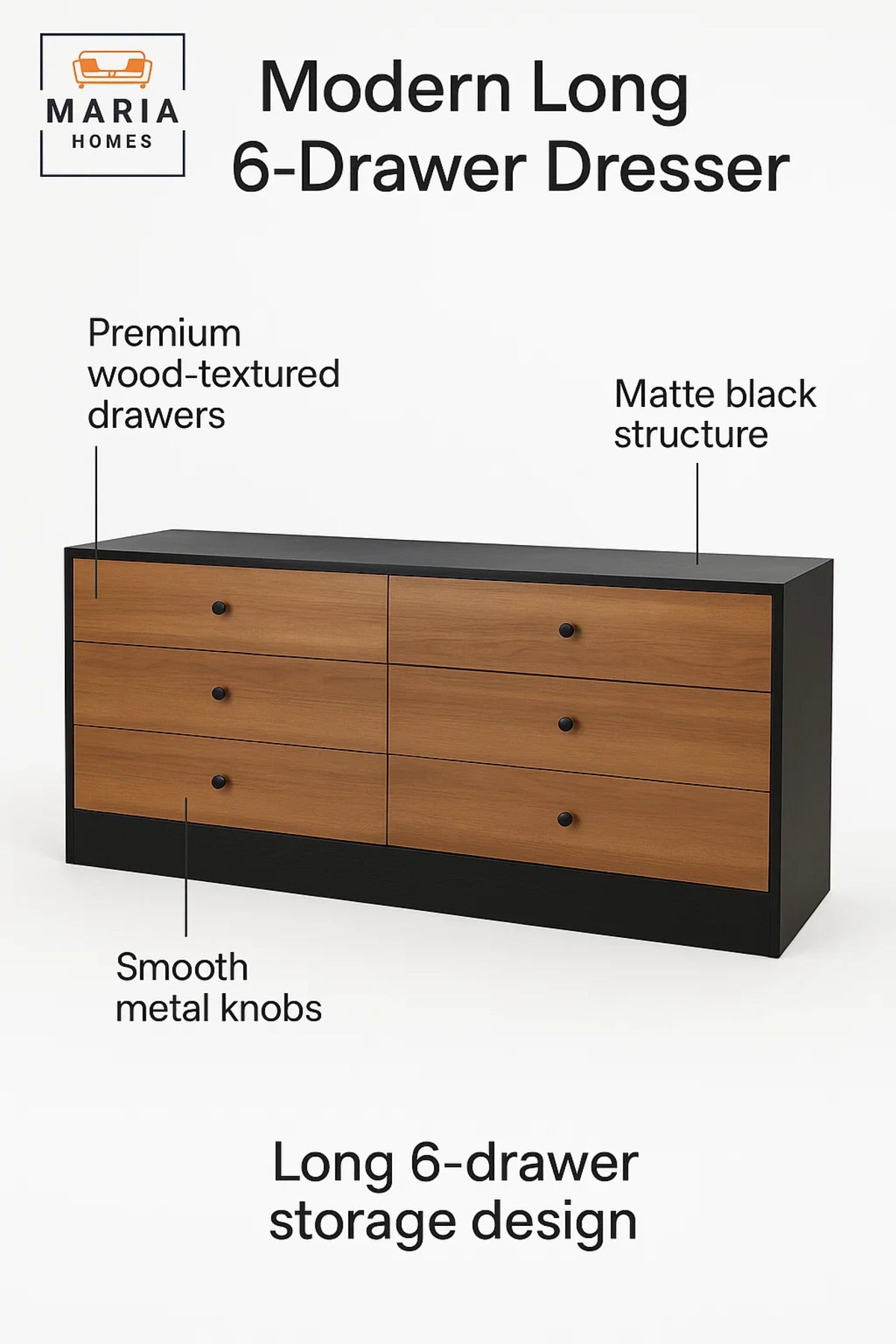 Modern 6-Drawer Dresser 160_48_80 cm Ð Black Brown Storage Cabinet Ð Bedroom Chest