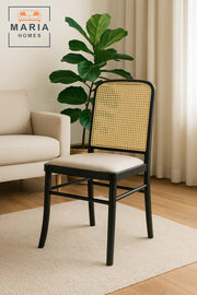 Black Wooden Dining Chair with Woven Cane Backrest and Soft Beige Upholstered Seat Ð Classic Design