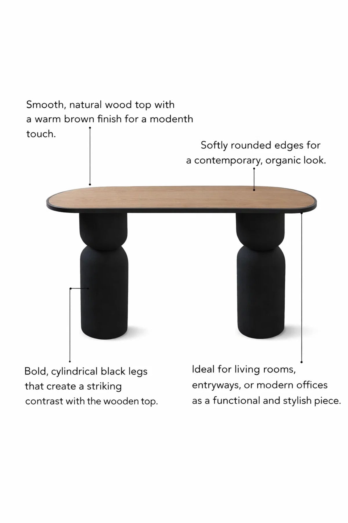 Contemporary Wood Top Console Table with Sculptural Black Legs for Modern Living Rooms 120cm