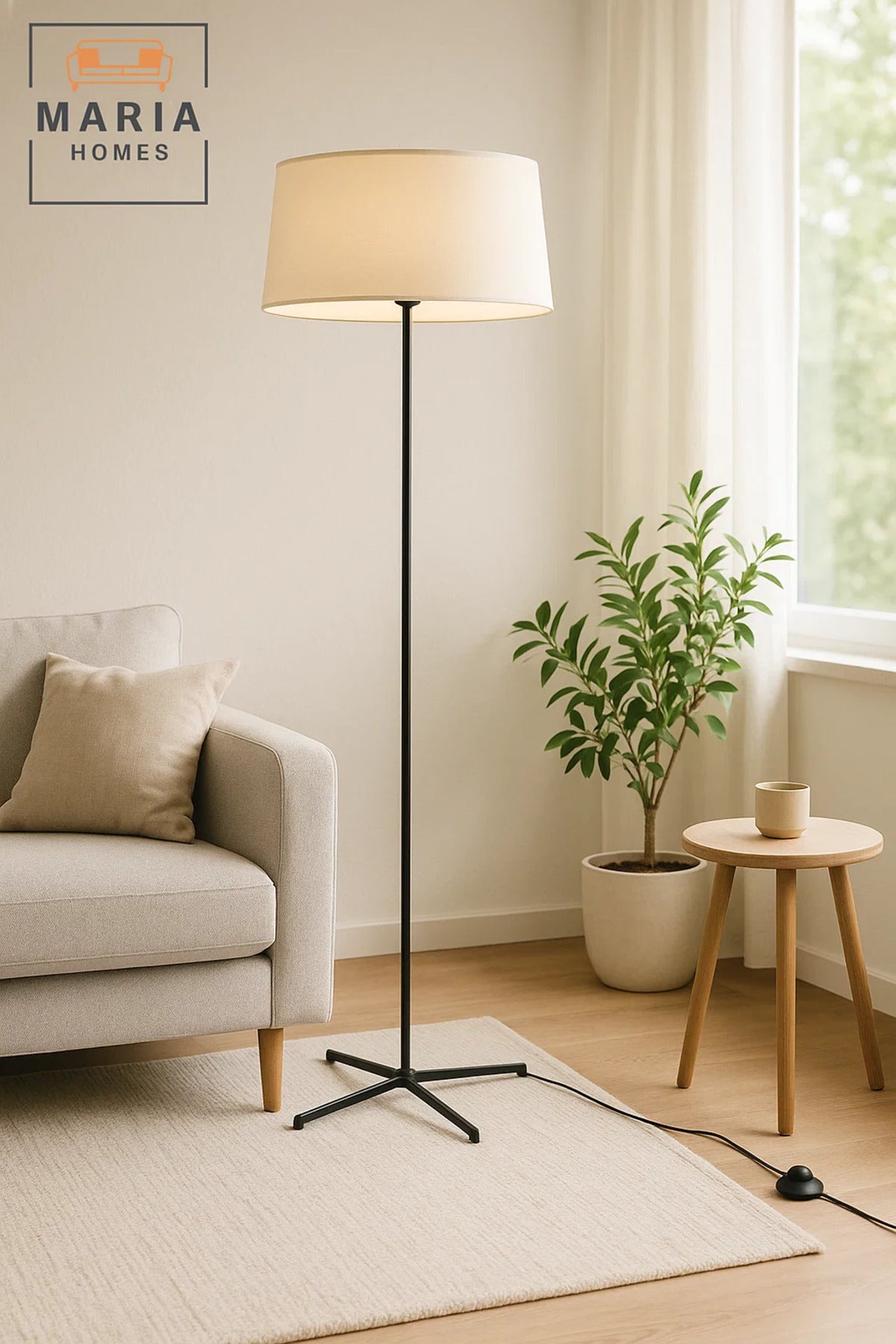 Minimalist Floor Lamp with Tripod Base and Cream Shade