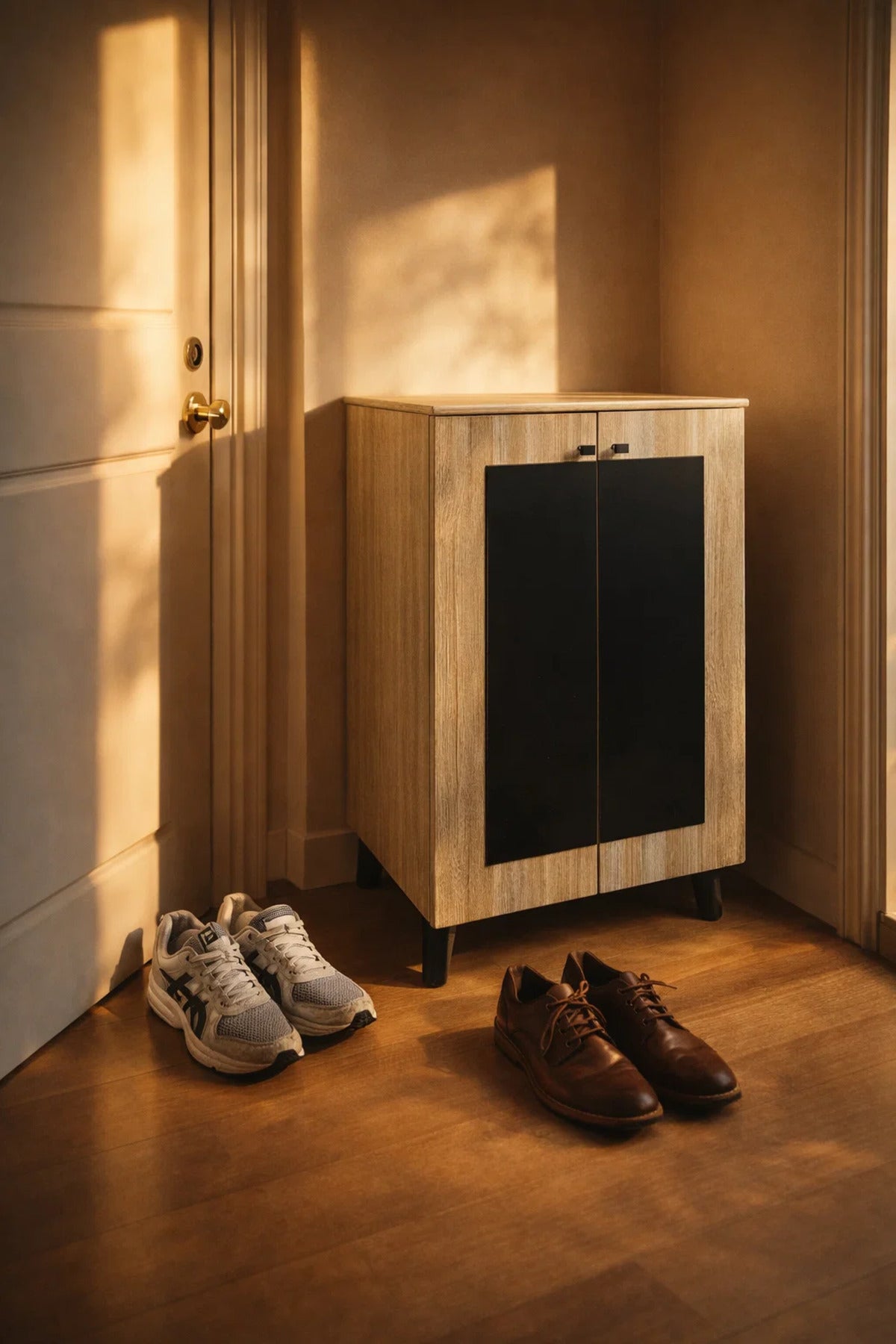 Modern Beige and Black Shoe Cabinet Storage Organizer for Entryway Hallway with Two Doors Design