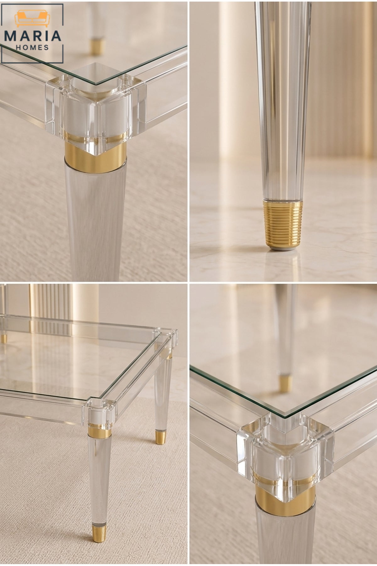 Rectangular Acrylic Center Table √ê Clear Top with Gold-Tipped Tapered Legs