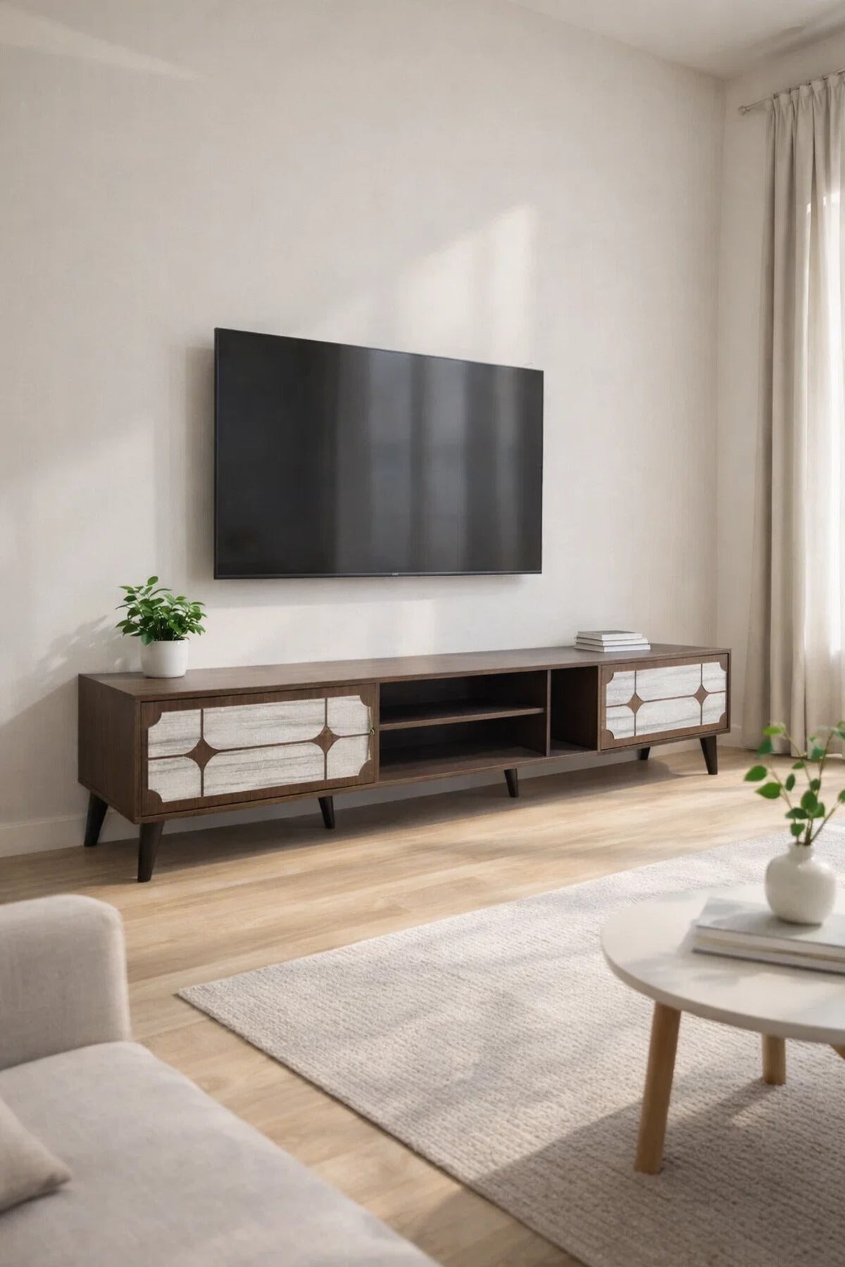 Modern Brown TV Unit 200cm Wide with White Patterned Doors and Open Shelves for Stylish Living Rooms