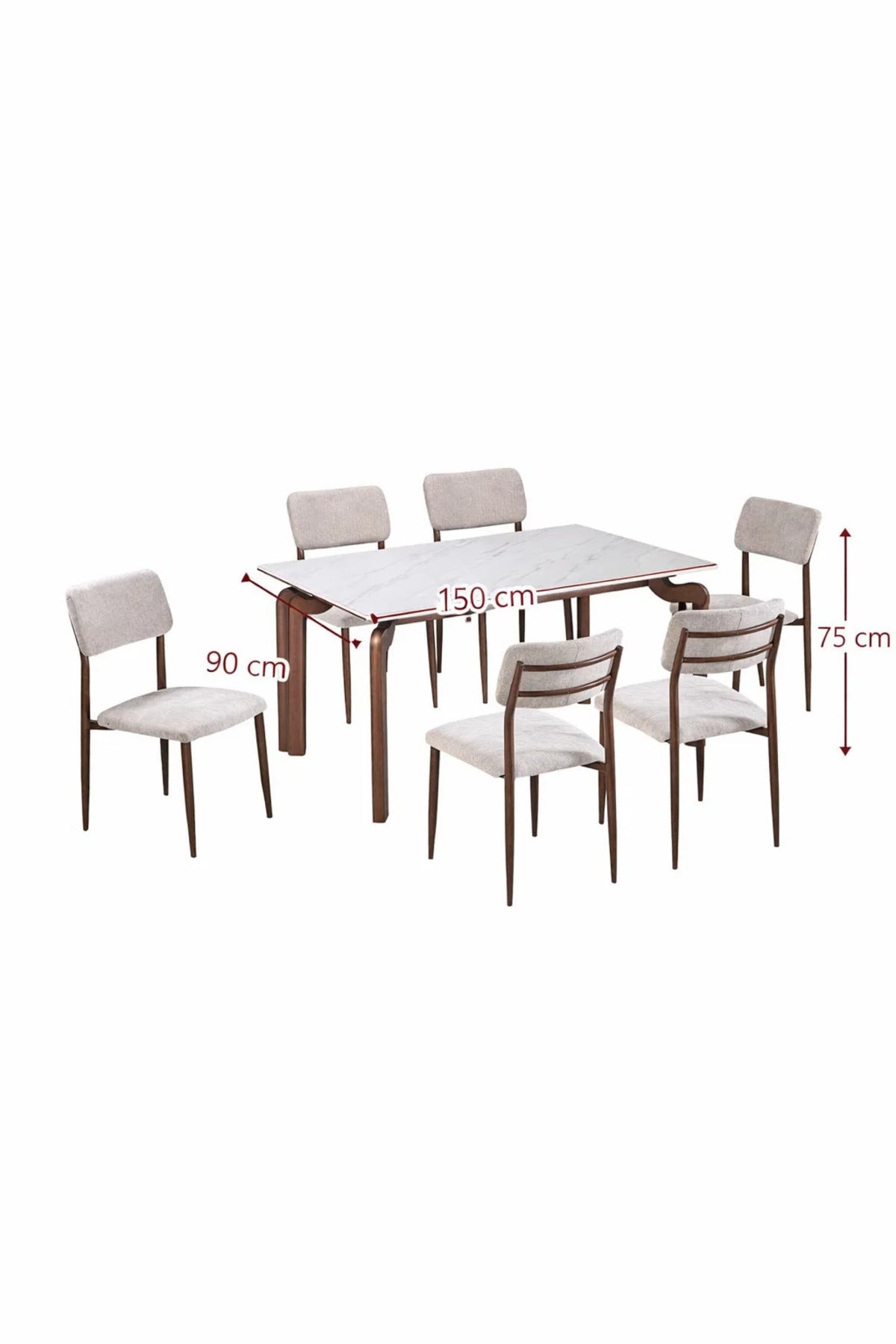 Stylish 6-Person Dining Table Set White Marble Pattern Top with Comfortable Beige Dining Chairs