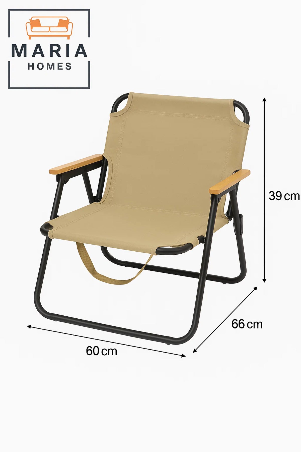 Beige Folding Canvas Chair with Wooden Armrests Ð Portable Outdoor & Camping Seat