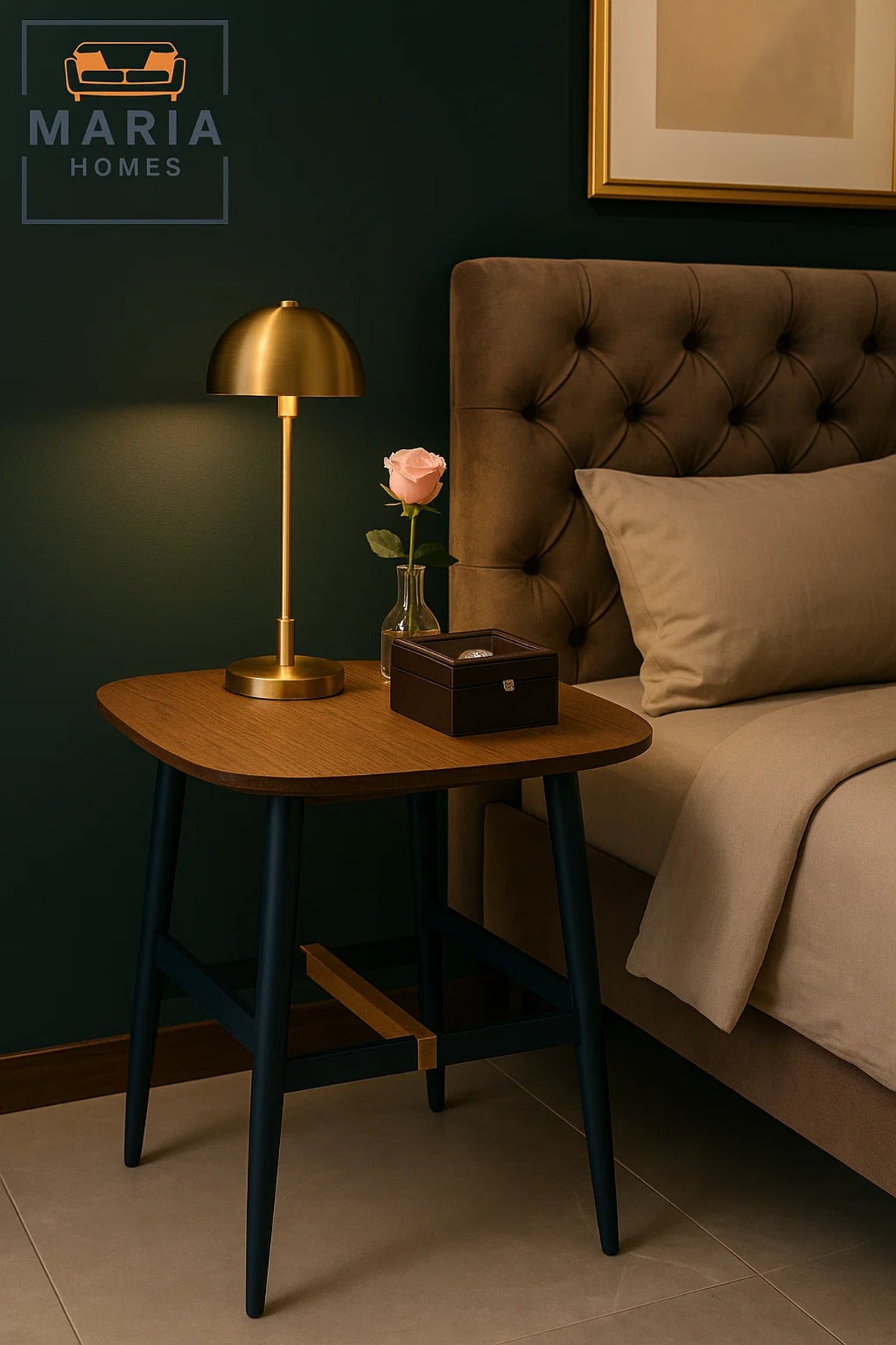 Square Wooden Table with Black Legs and Natural Crossbar Accent
