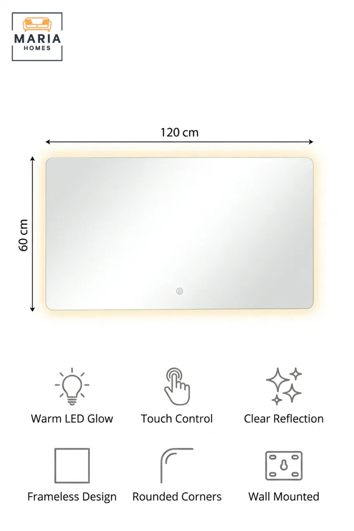 Frameless Rectangular LED Wall Mirror 120 × 60 cm with Touch Sensor, Rounded Corners and Backlit Lighting for Bathroom, Bedroom, Dressing Area and Vanity