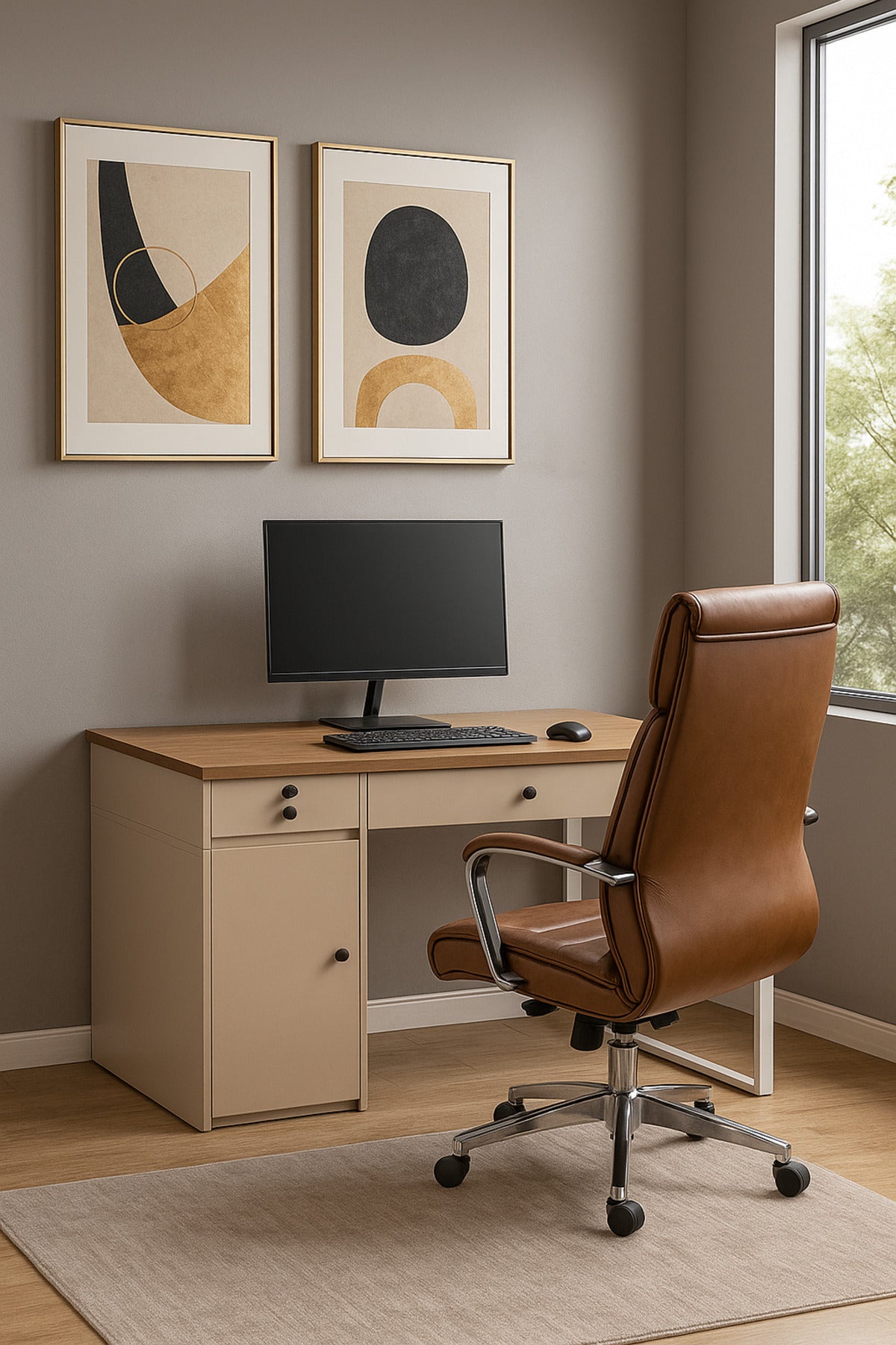 White & Wood Office Desk 120_60x75 cm Ð Modern Work Table with Drawer, Cabinet & White Legs
