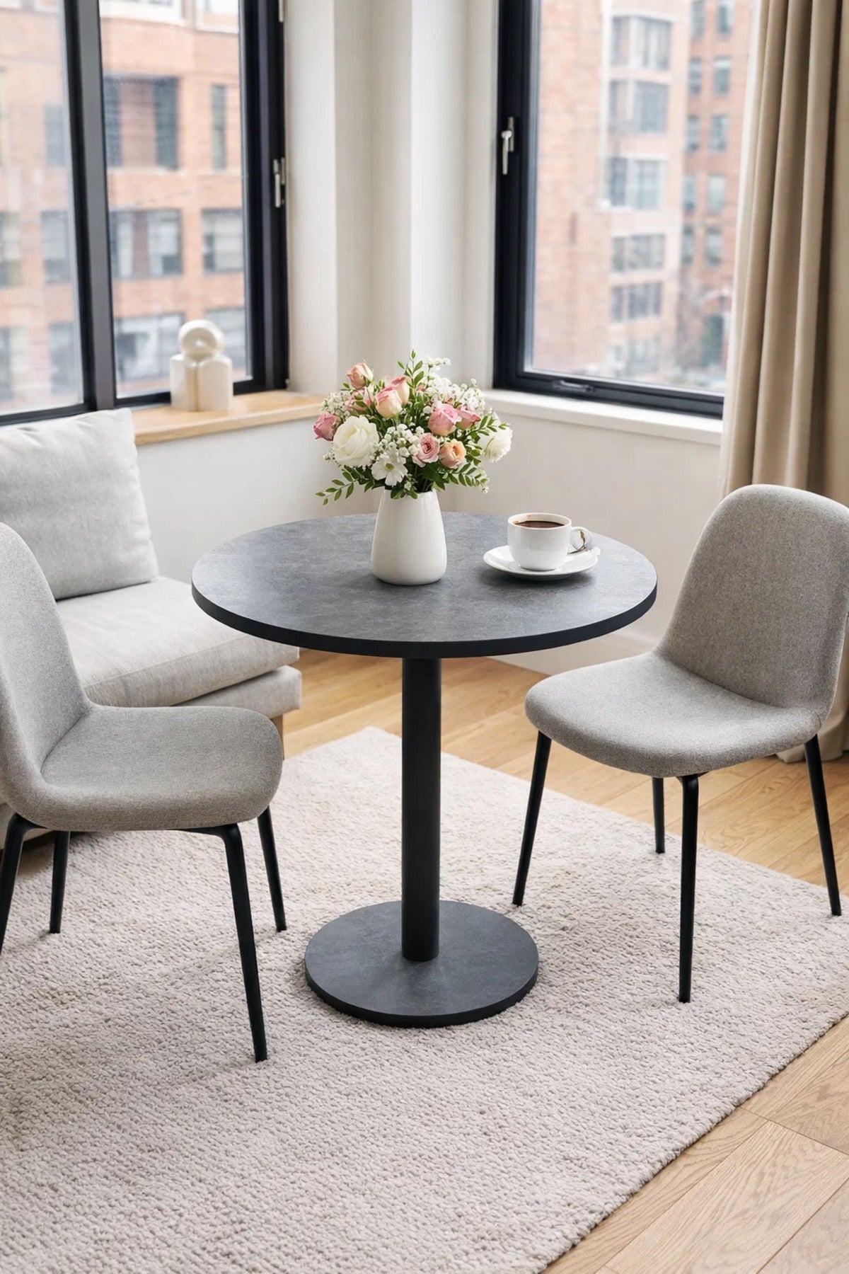 Modern Grey Round Dining Table 70cm Melamine Top Black Metal Leg Compact Bistro Cafe Design