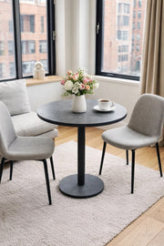 Modern Grey Round Dining Table 70cm Melamine Top Black Metal Leg Compact Bistro Cafe Design