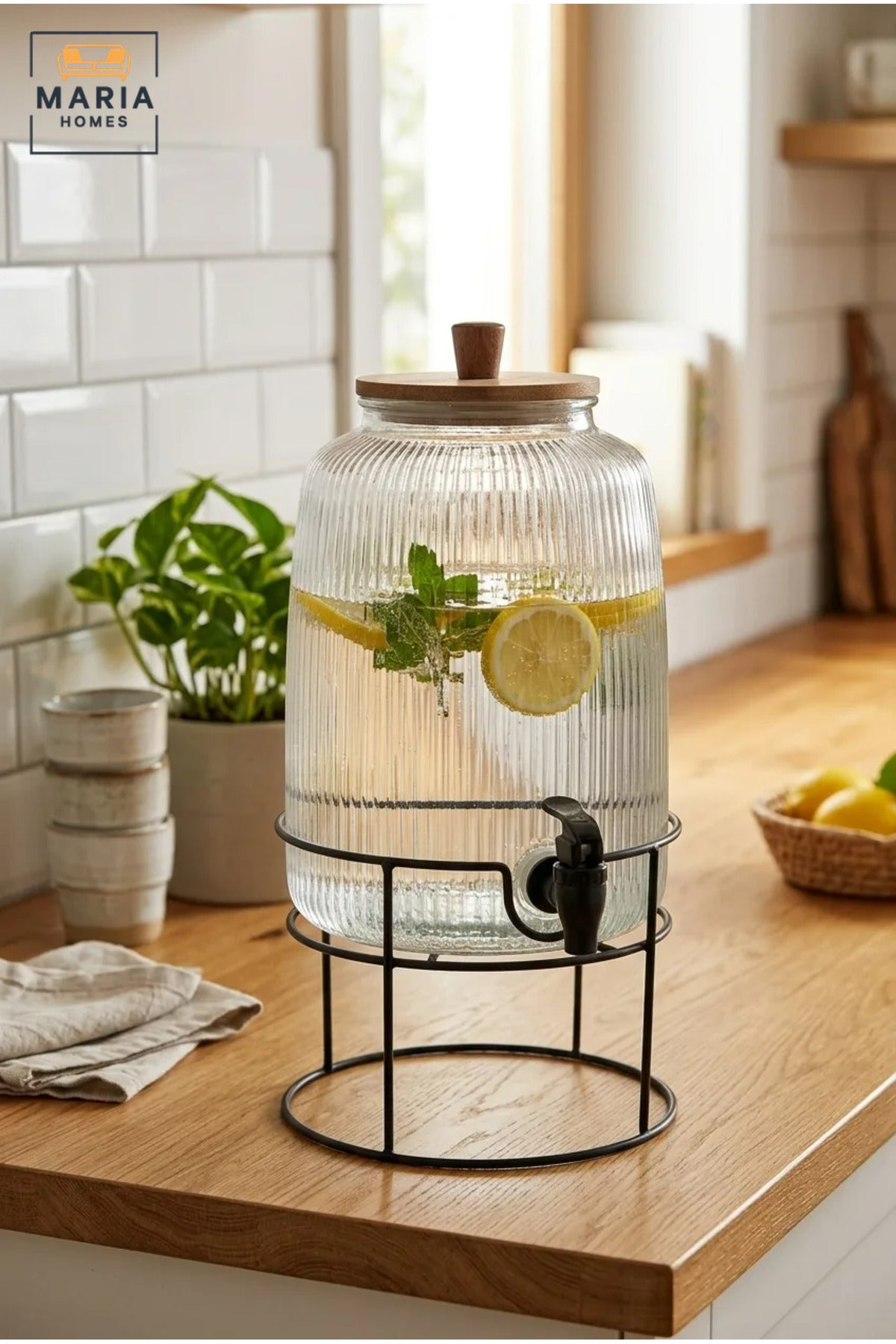 Large Glass Beverage Dispenser with Tap, Wooden Lid and Metal Stand, Drink Jar for Water, Juice, Lemonade, Iced Tea, Parties and Buffets