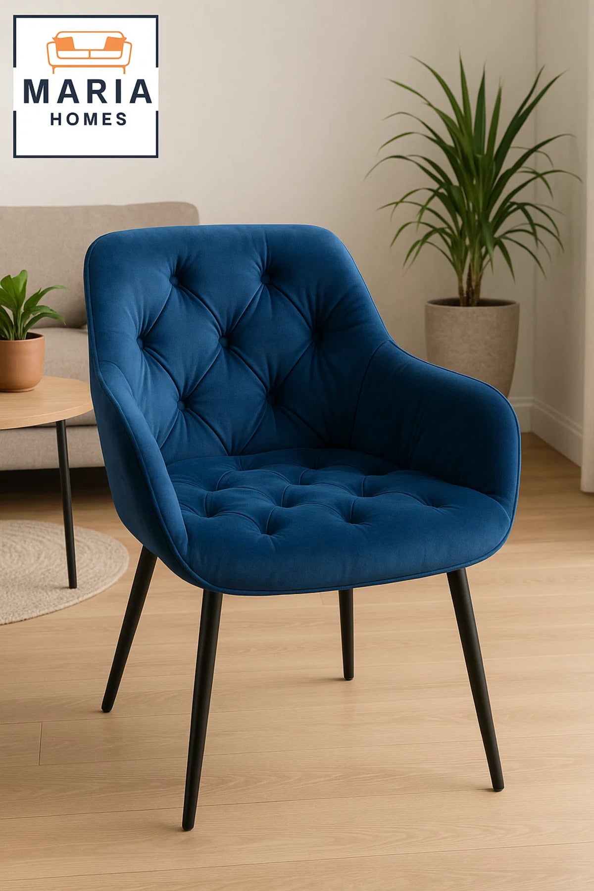 Royal Blue Velvet Armchair Ð Tufted Upholstered Chair with Black Legs for Home, Office, or Lounge