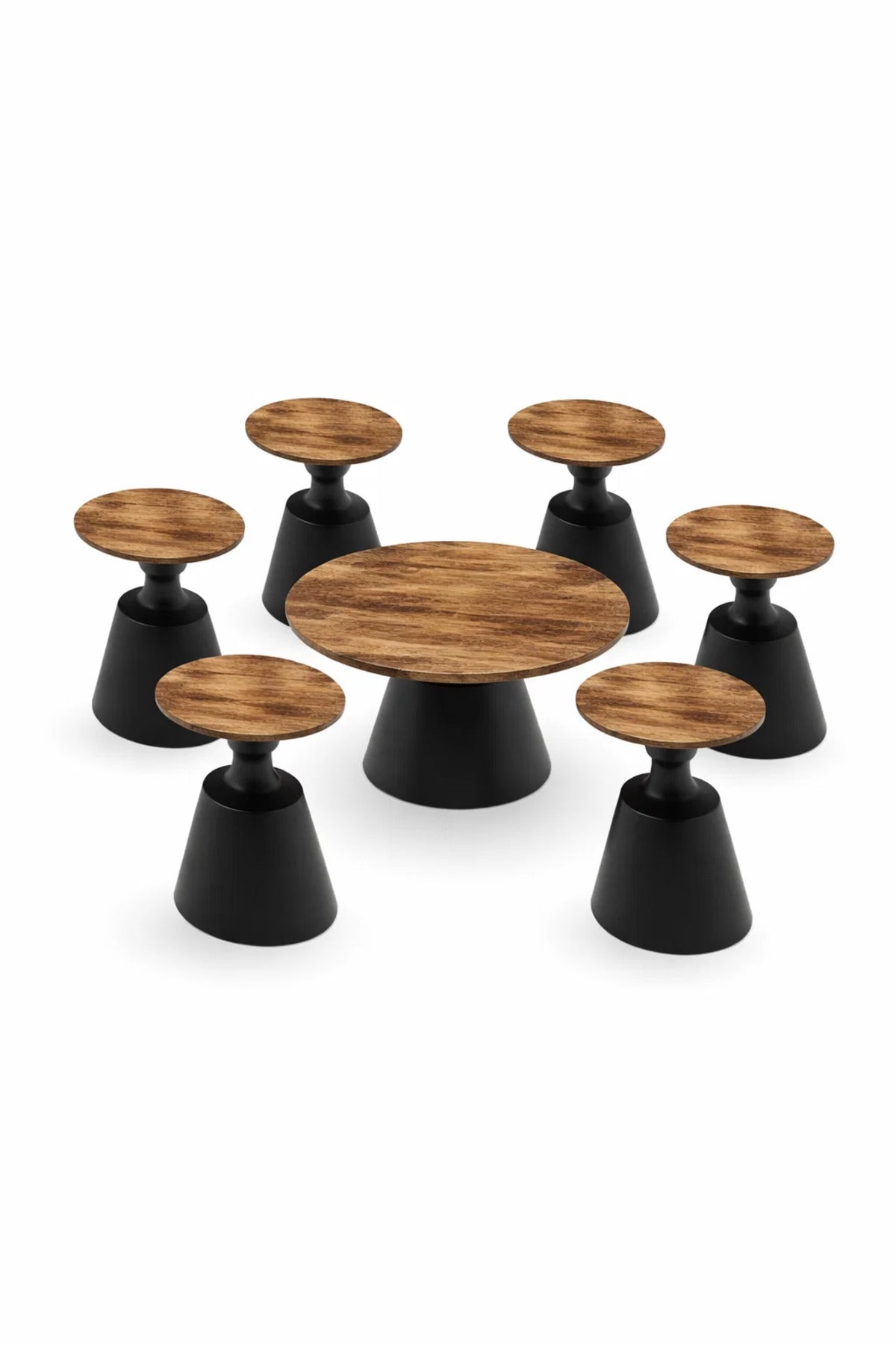 Premium 7-Piece Living Room Table Set One Center Table Six Side Tables Wood Top Black Base Kit