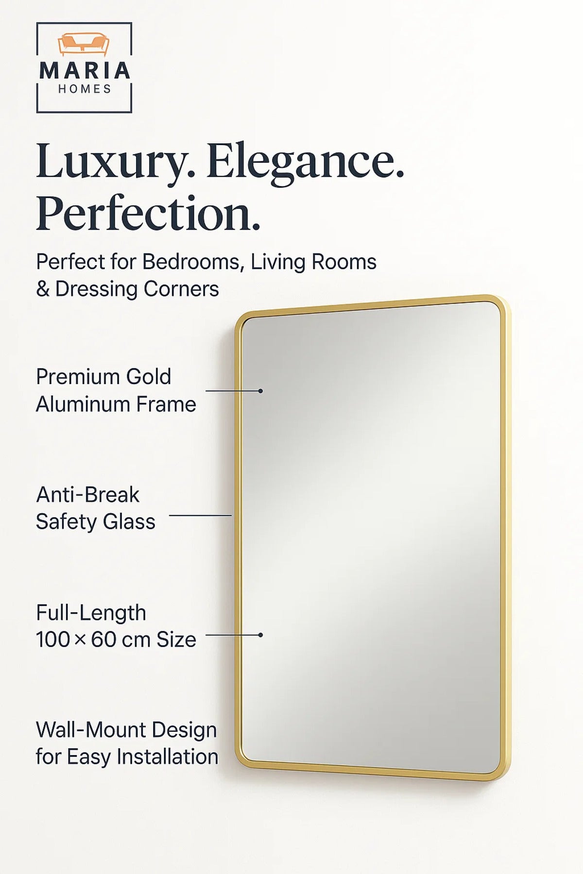 Luxury Gold Wall Mirror for Bathroom, Bedroom, Living Room, Dressing & Home D≈Ωcor √ê 100_60 cm