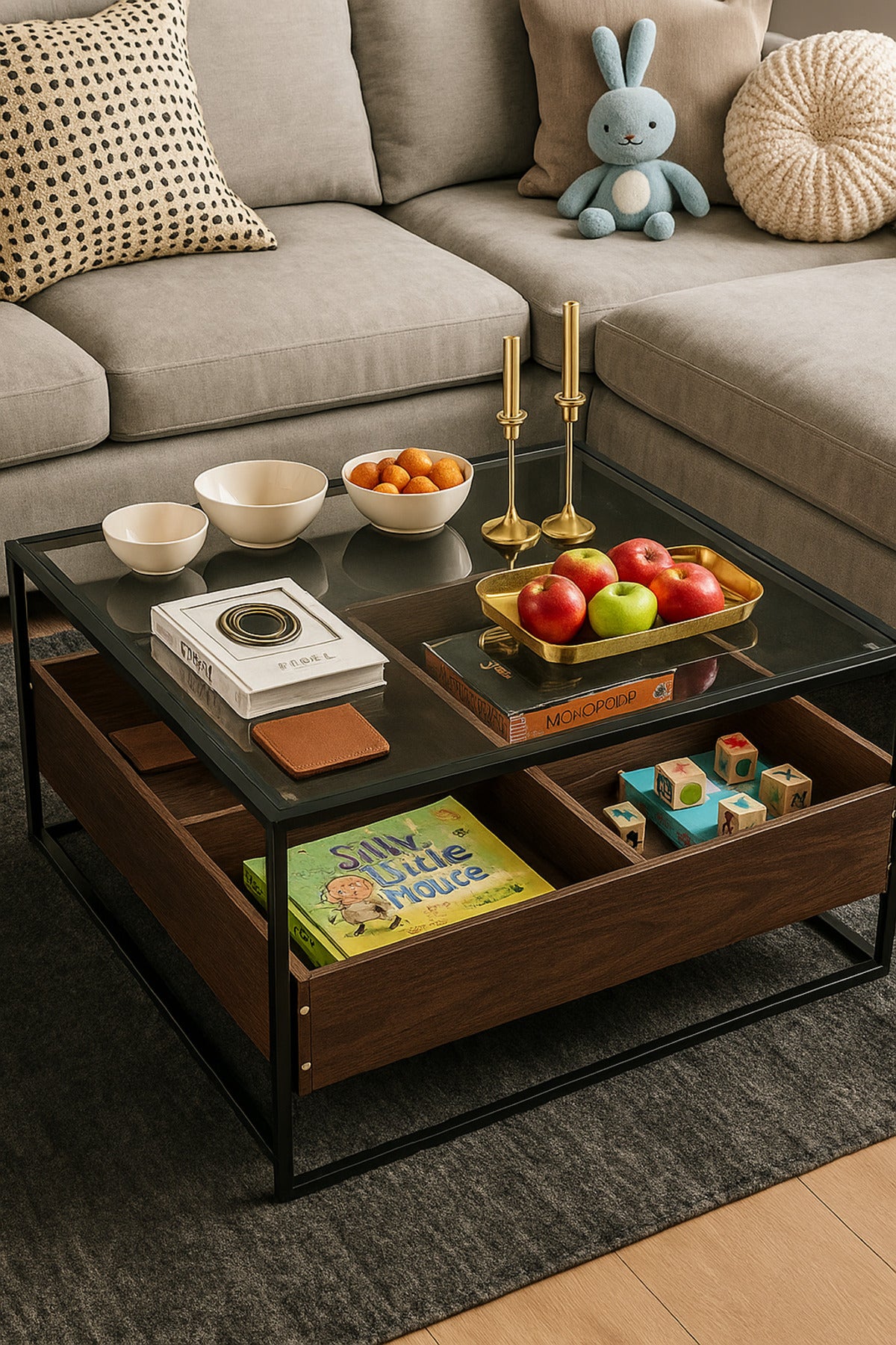 Modern Glass Coffee Table with Wooden Storage Compartments & Black Frame Ð 80x80x45cm