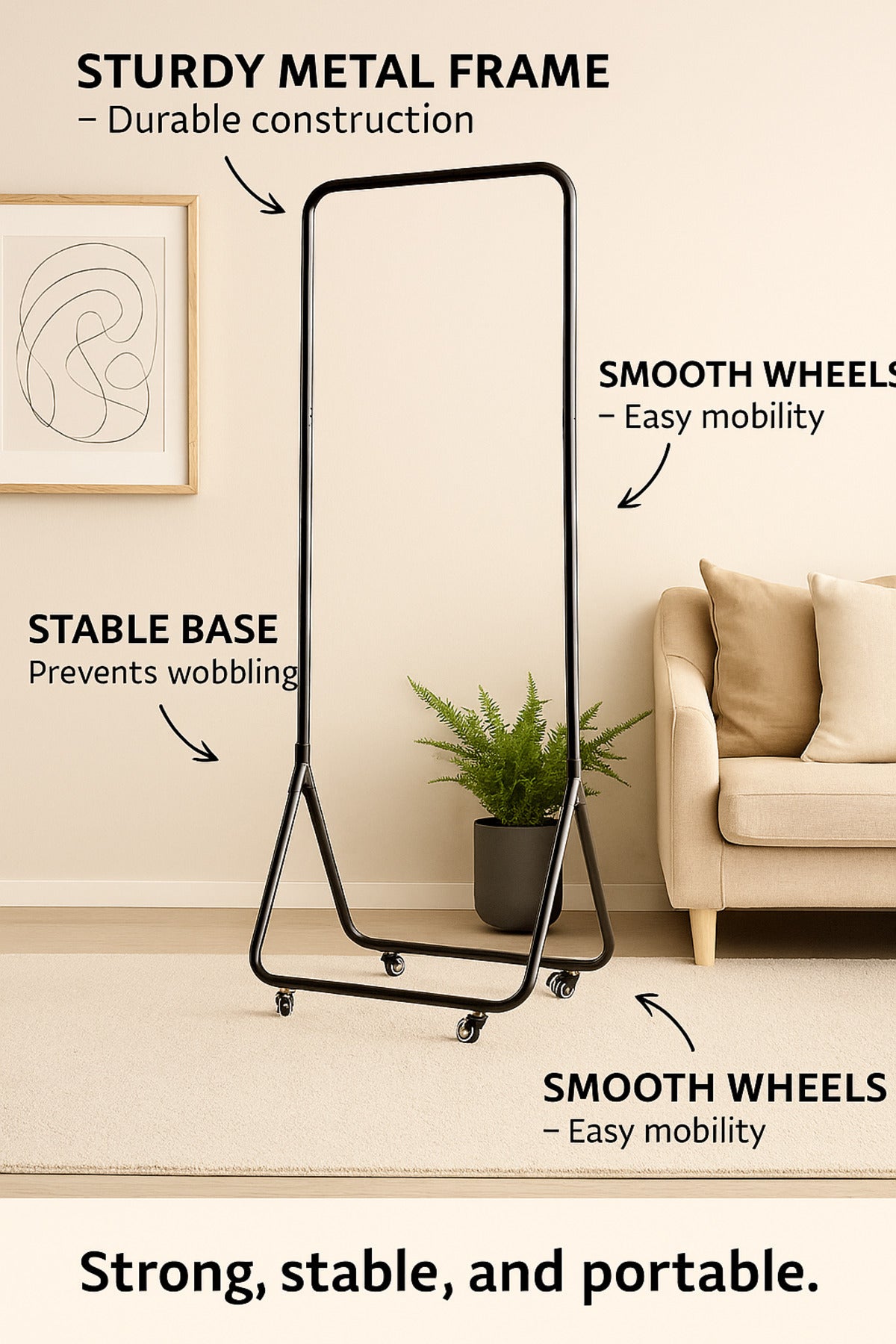 Black Metal Clothing Rack with Wheels Ð 168_60 cm Portable Garment Stand
