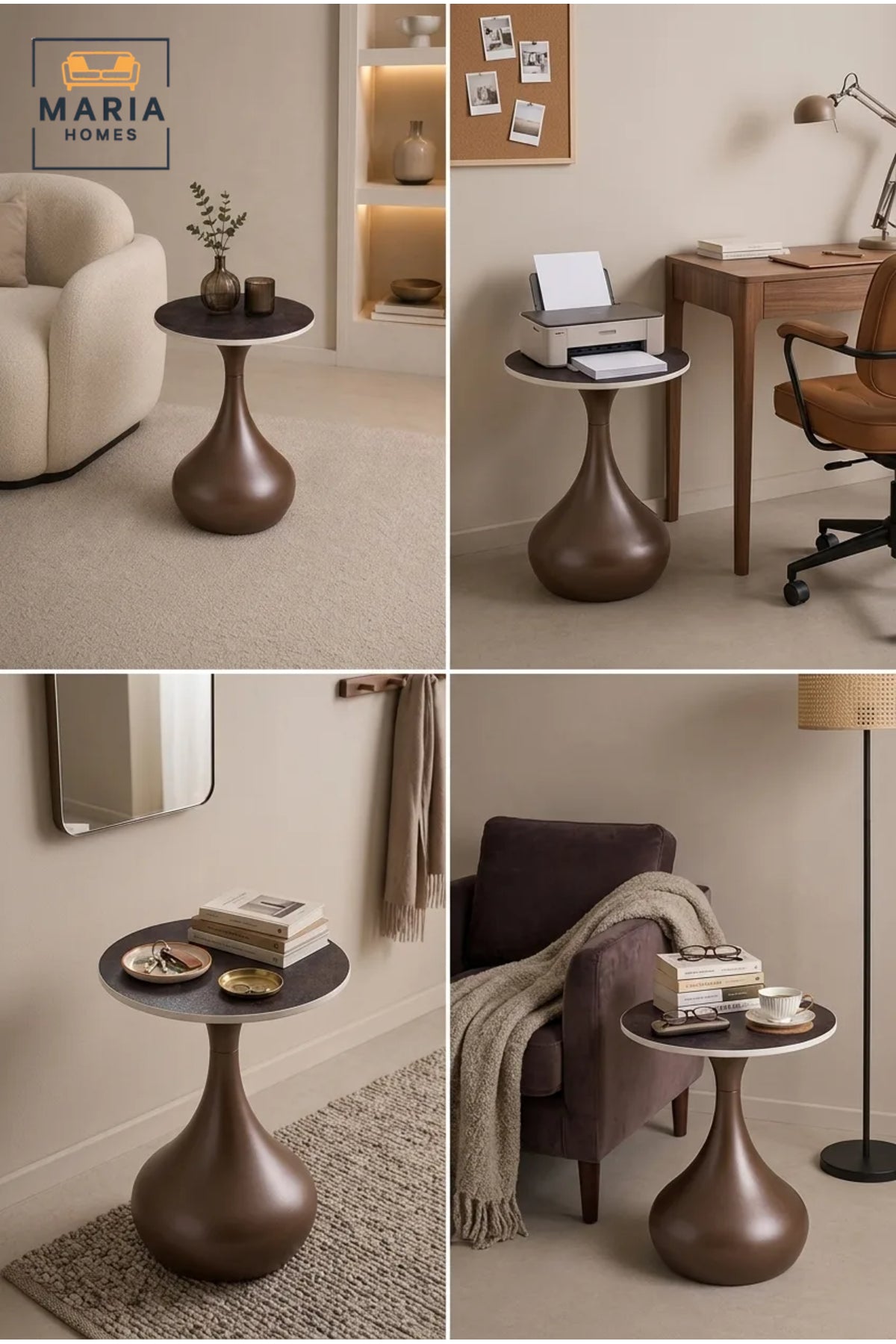 Modern Round Caf≈Ω Table √ê Marble Effect Top with Sculptural Brown Pedestal Base, Contemporary Bistro Table for Dining Room, Caf≈Ω & Restaurant