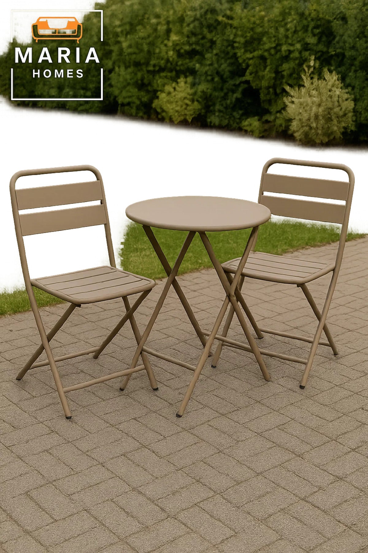 Beige Folding Metal Chair with Slatted Design Ð Space-Saving & Durable for Indoor/Outdoor Use
