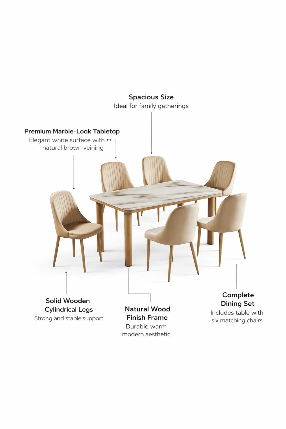 Elegant 7 Piece Dining Table Set Faux Marble Top 6 Beige Velvet Chairs Solid Wood Legs Modern