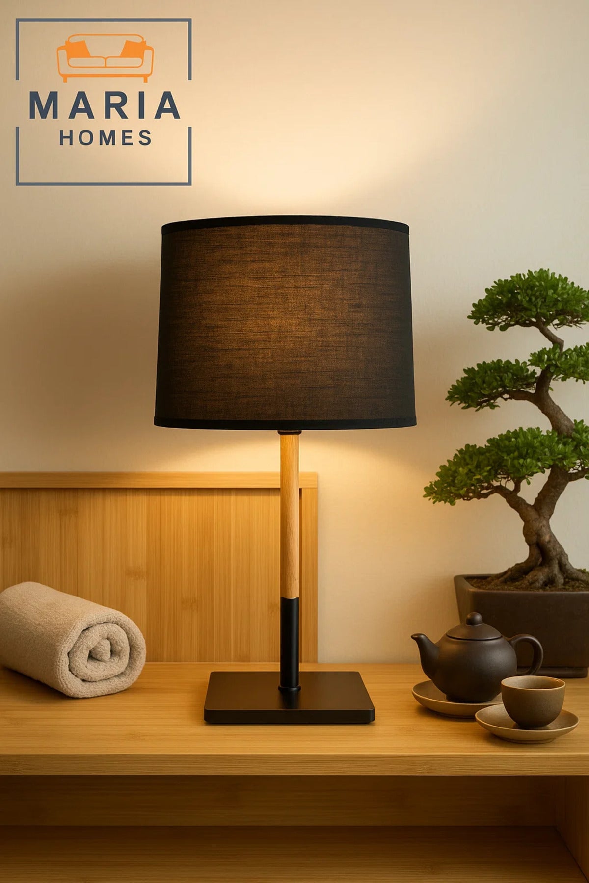Modern Black Table Lamp with Wooden Stand for Home Office or Bedroom Lighting