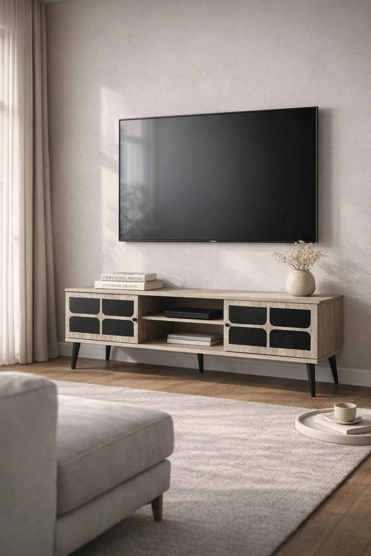 Beige & Black TV Stand √ê 180x40x45 cm Modern Plasma Table with Cabinets & Shelves