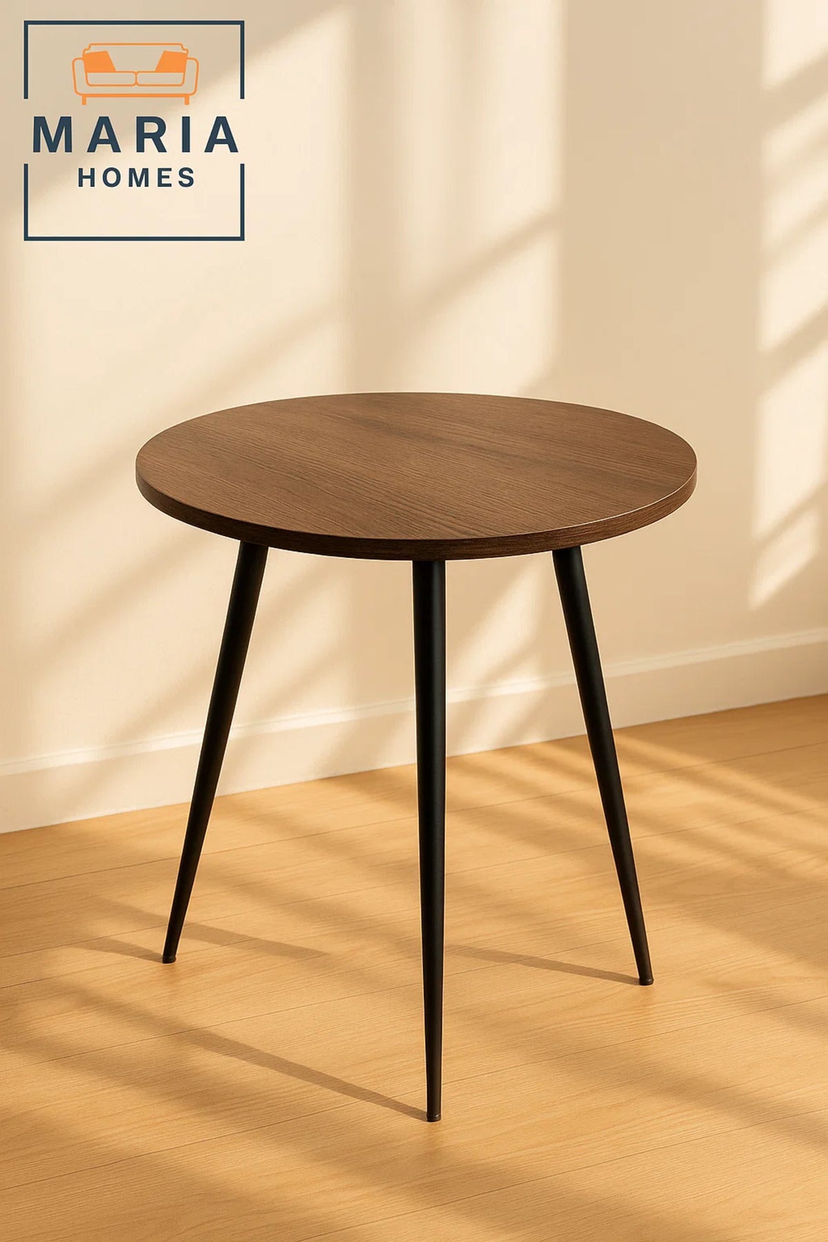Round Dark Wood Side Table with Slim Black Metal Legs