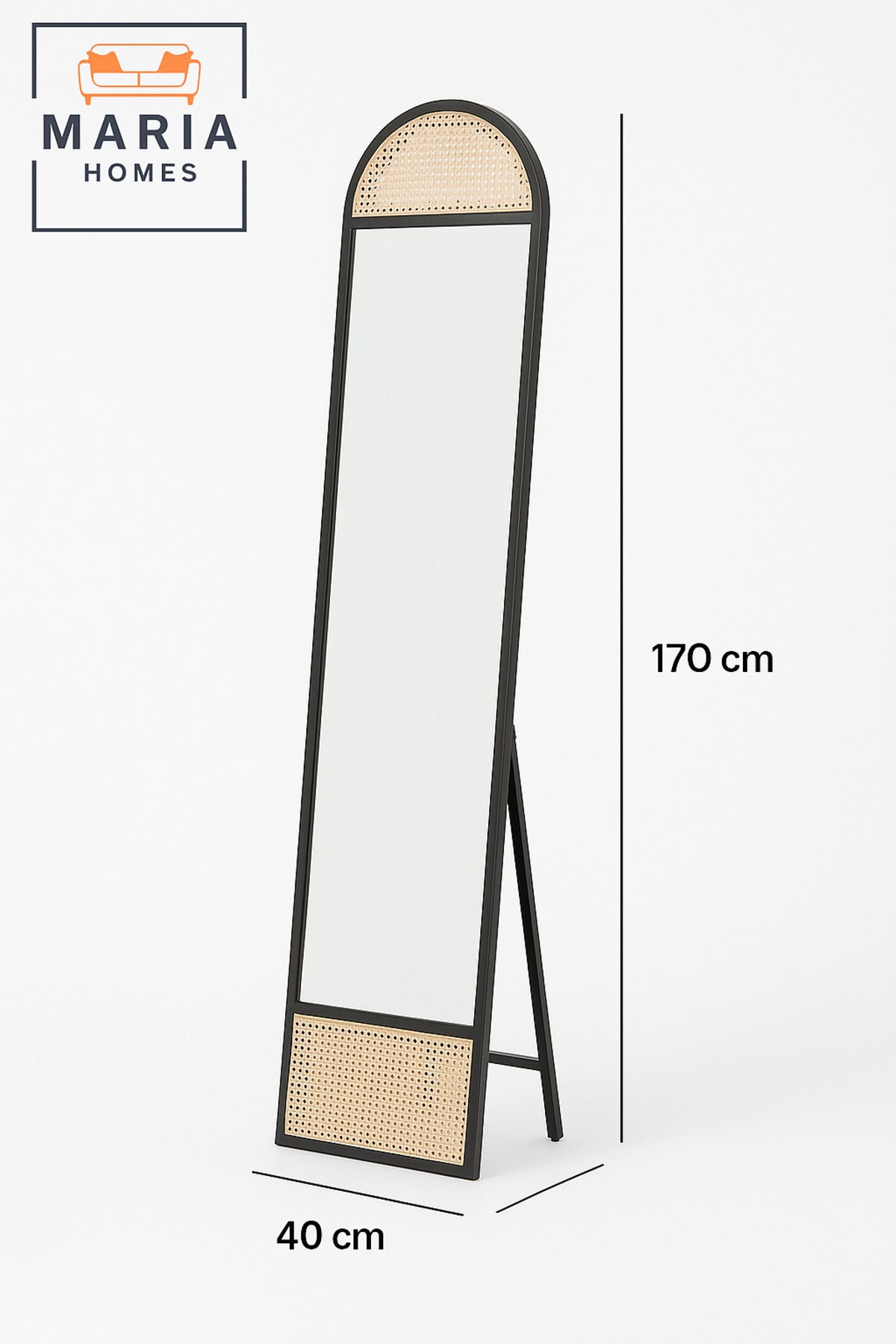 Arched Full-Length Black Wood Mirror Ð 170x40 cm with Rattan Accents