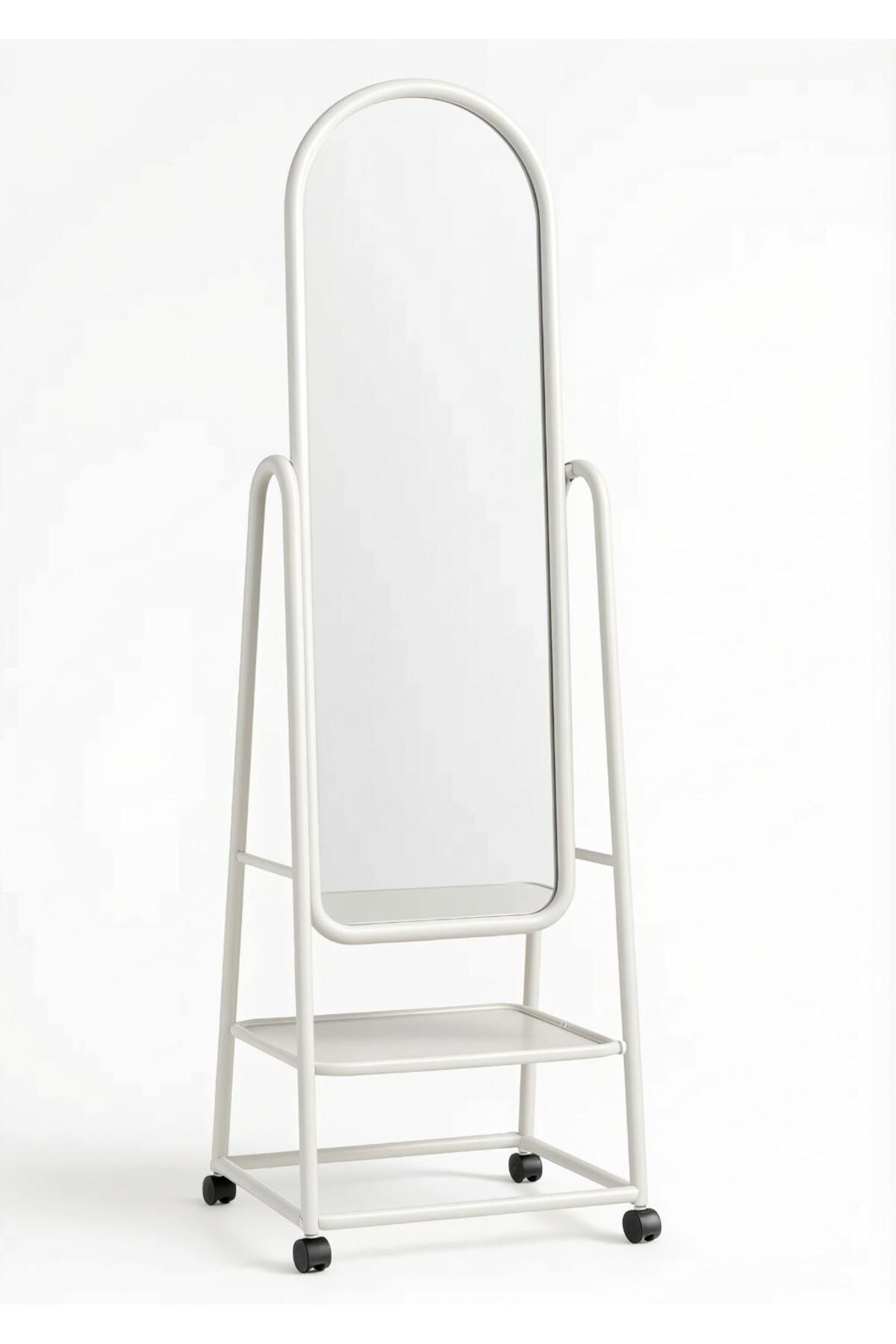 White Arched Full-Length Mirror with Rolling Frame and Storage Rack