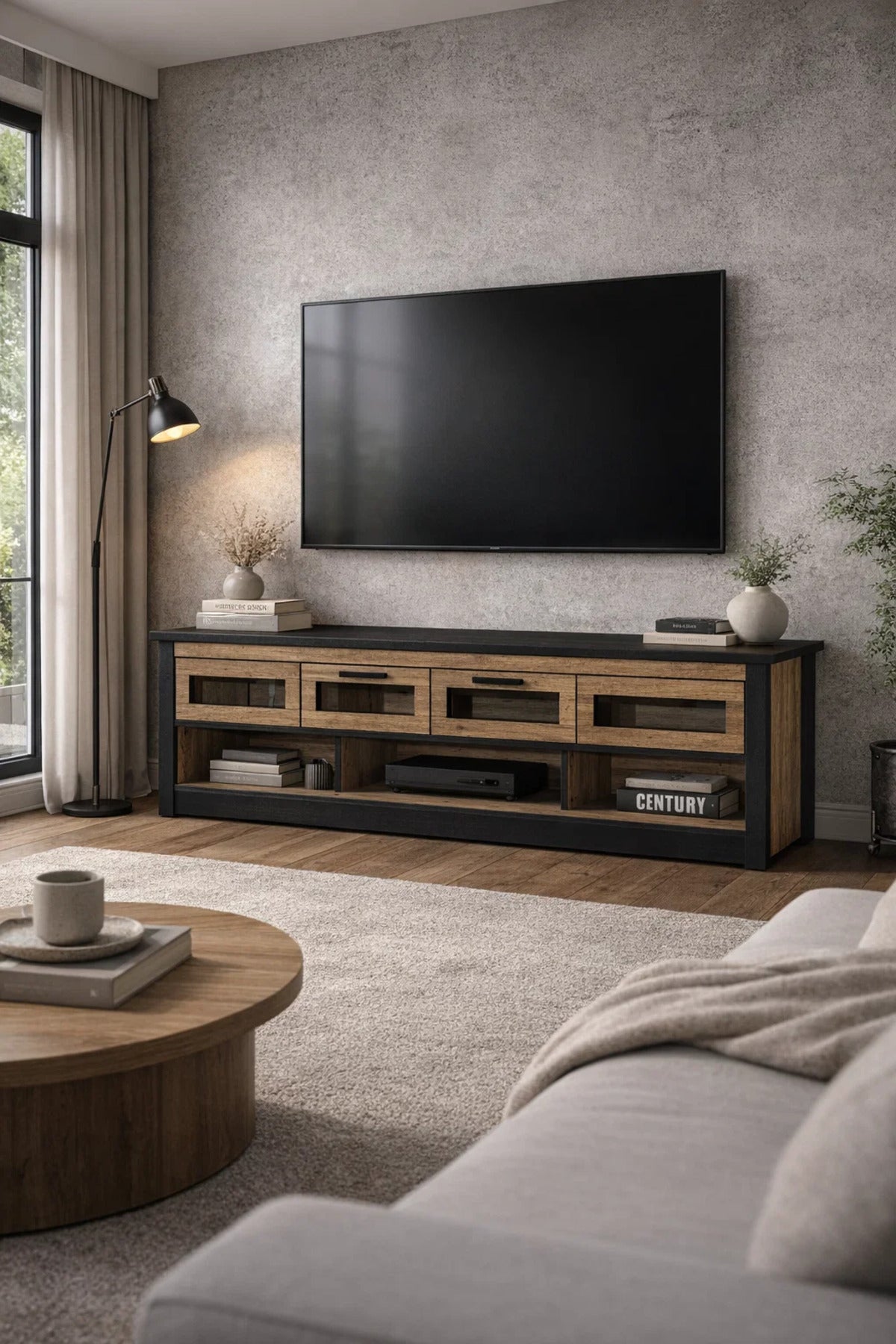 Walnut Oak TV Stand 200x40x50 cm Modern Wooden Plasma Table with Drawers & Shelves