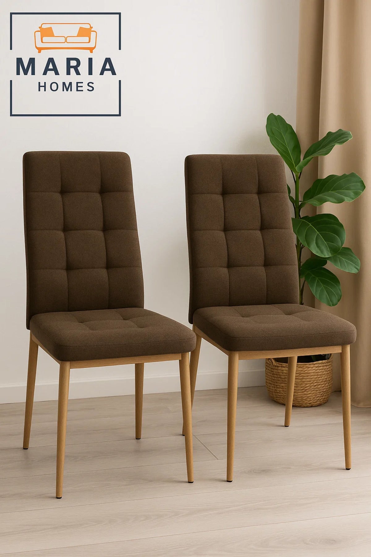 High Back Brown Fabric Dining Chair Ð Padded Upholstery with Wood Legs for Home or Restaurant Use