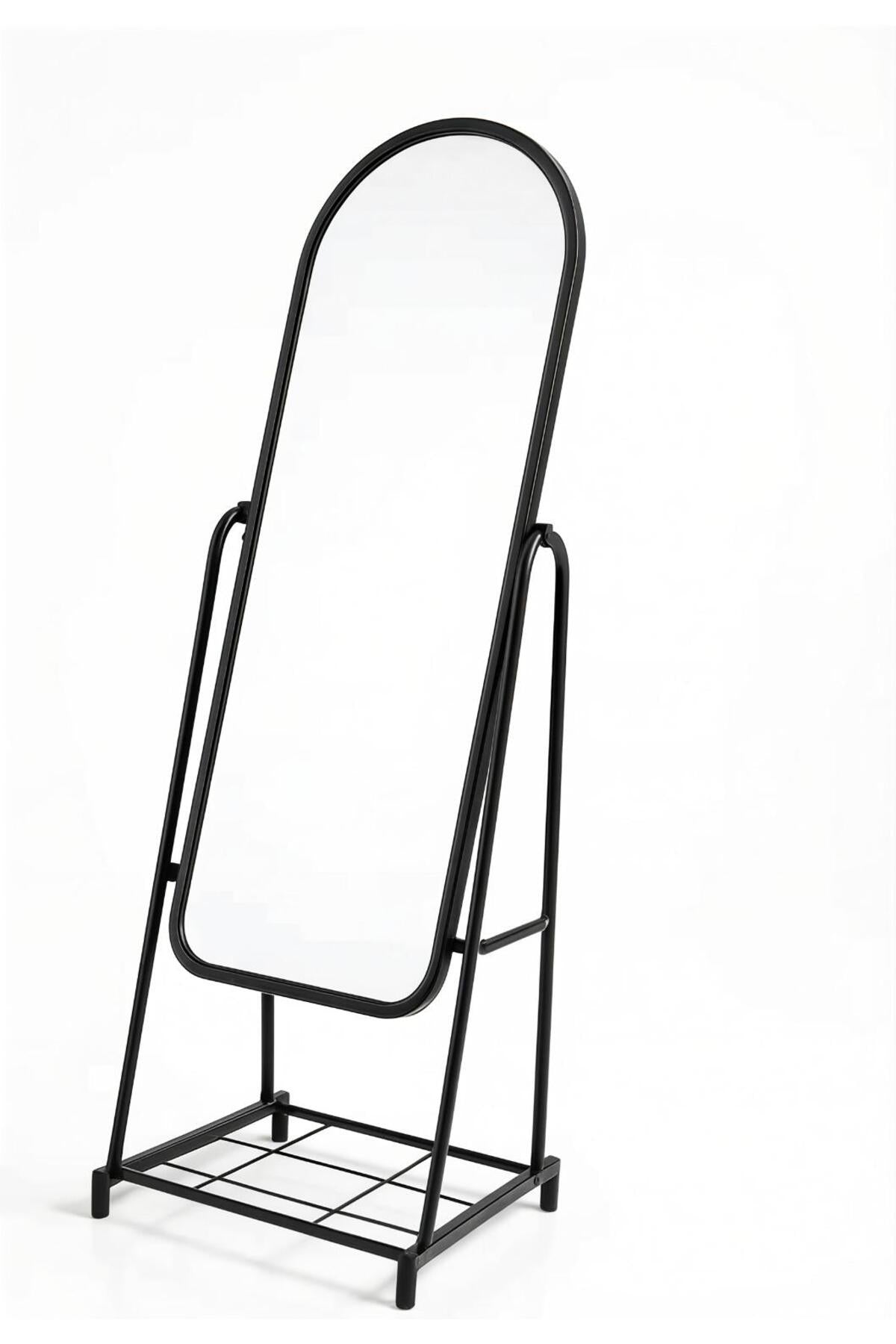 White Arched Full-Length Mirror with Rolling Frame and Storage Rack