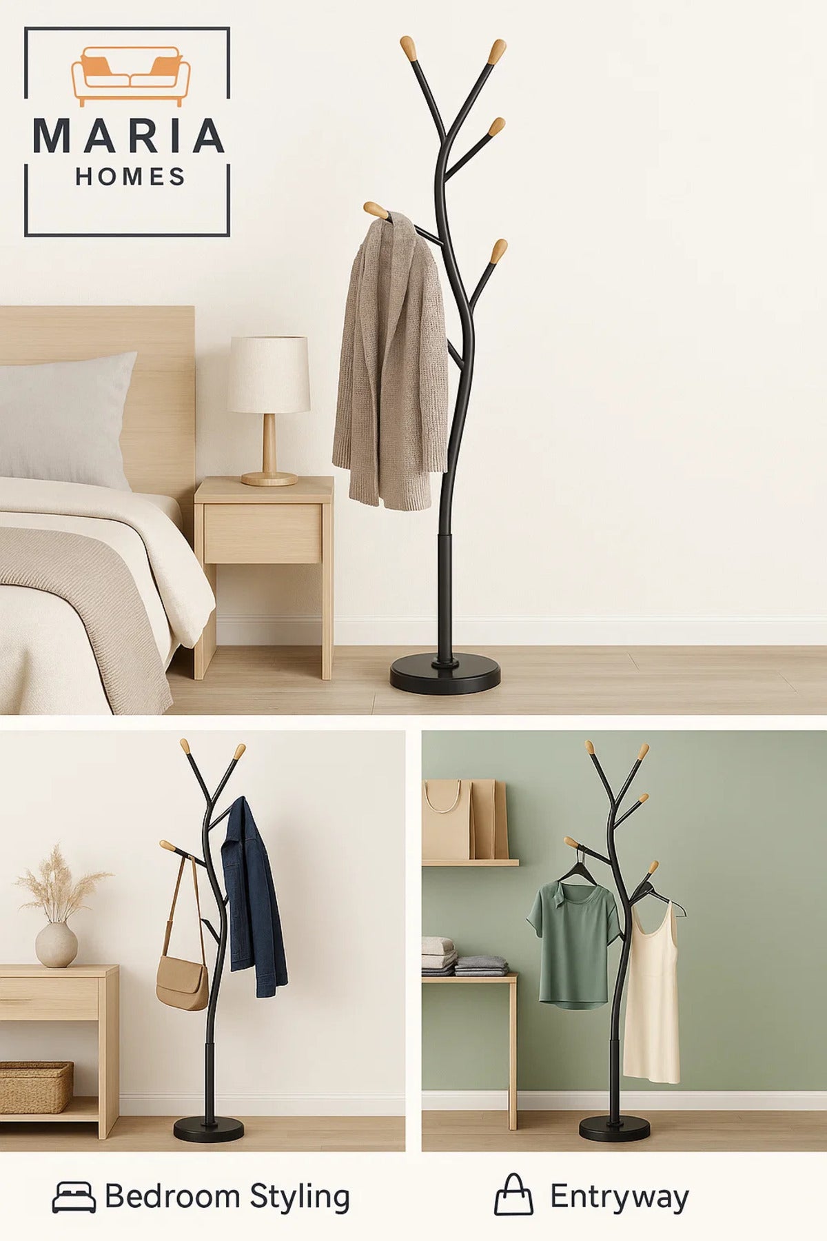 Black Tree-Shaped Metal Coat Rack with Wooden Hook Tips