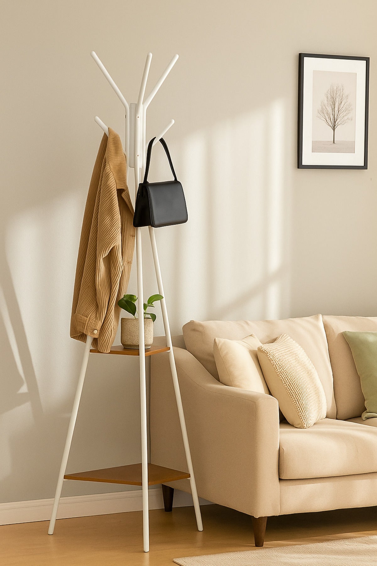 Modern White Coat Rack Ð Metal Clothes Stand with Dual Wooden Shelves for Entryway & Bedroom