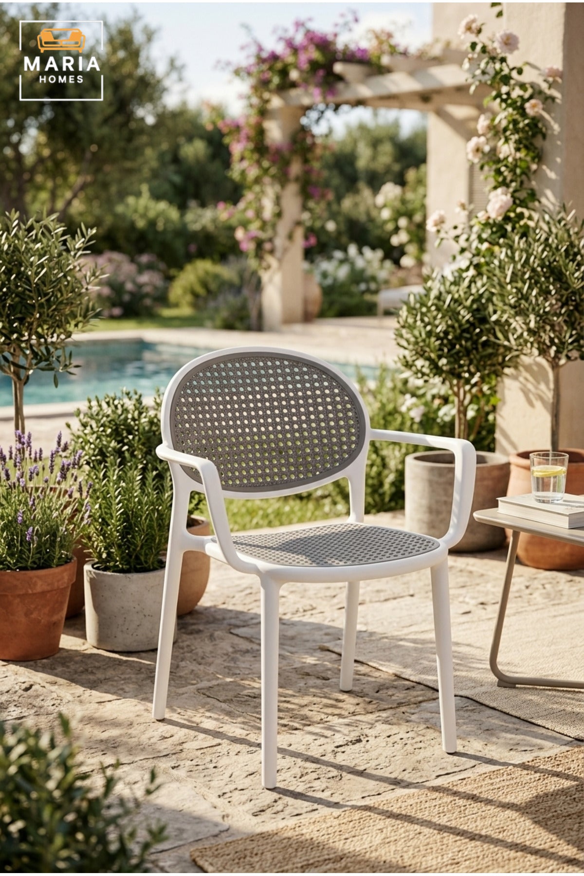 Modern Outdoor Dining Chair with Rattan-Style Backrest, Supportive Armrests and Durable Frame for Garden, Patio, Balcony, Café and Restaurant