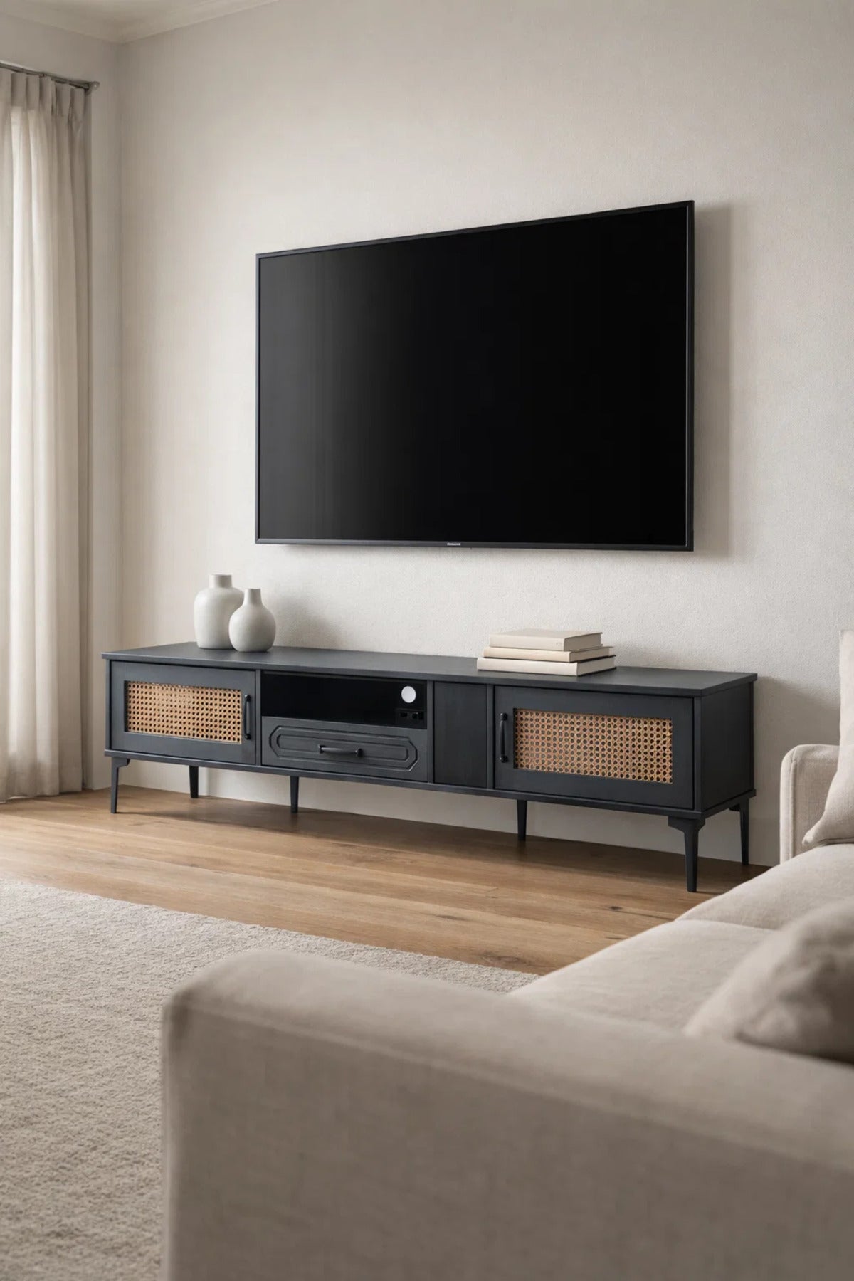 Dark Grey TV Stand √ê 200x40x46 cm Modern Plasma Table with Cabinets & Drawer