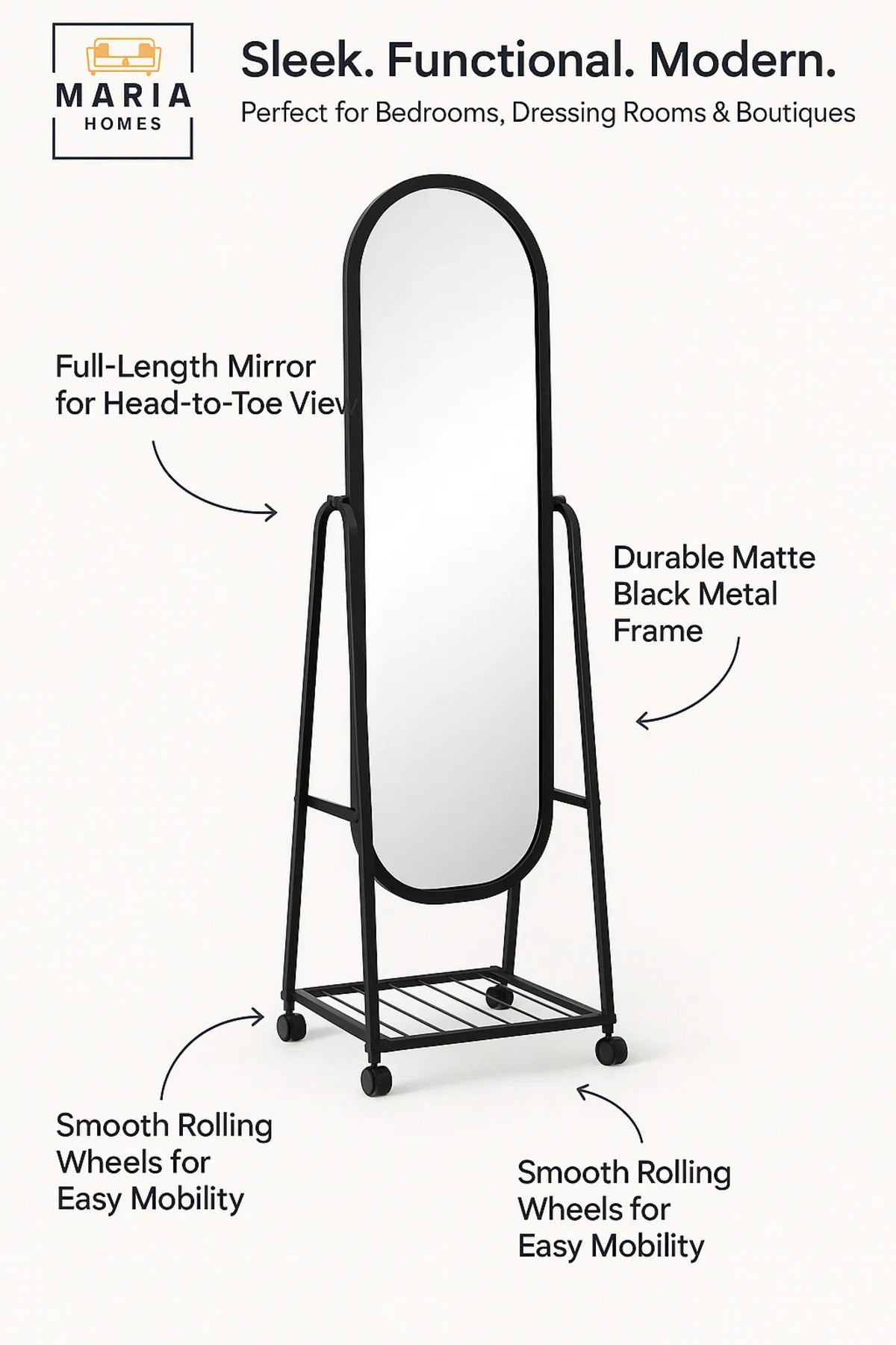 Black Full Length Standing Mirror with Metal Frame Floor Dressing Mirror for Bedroom Hallway Decor
