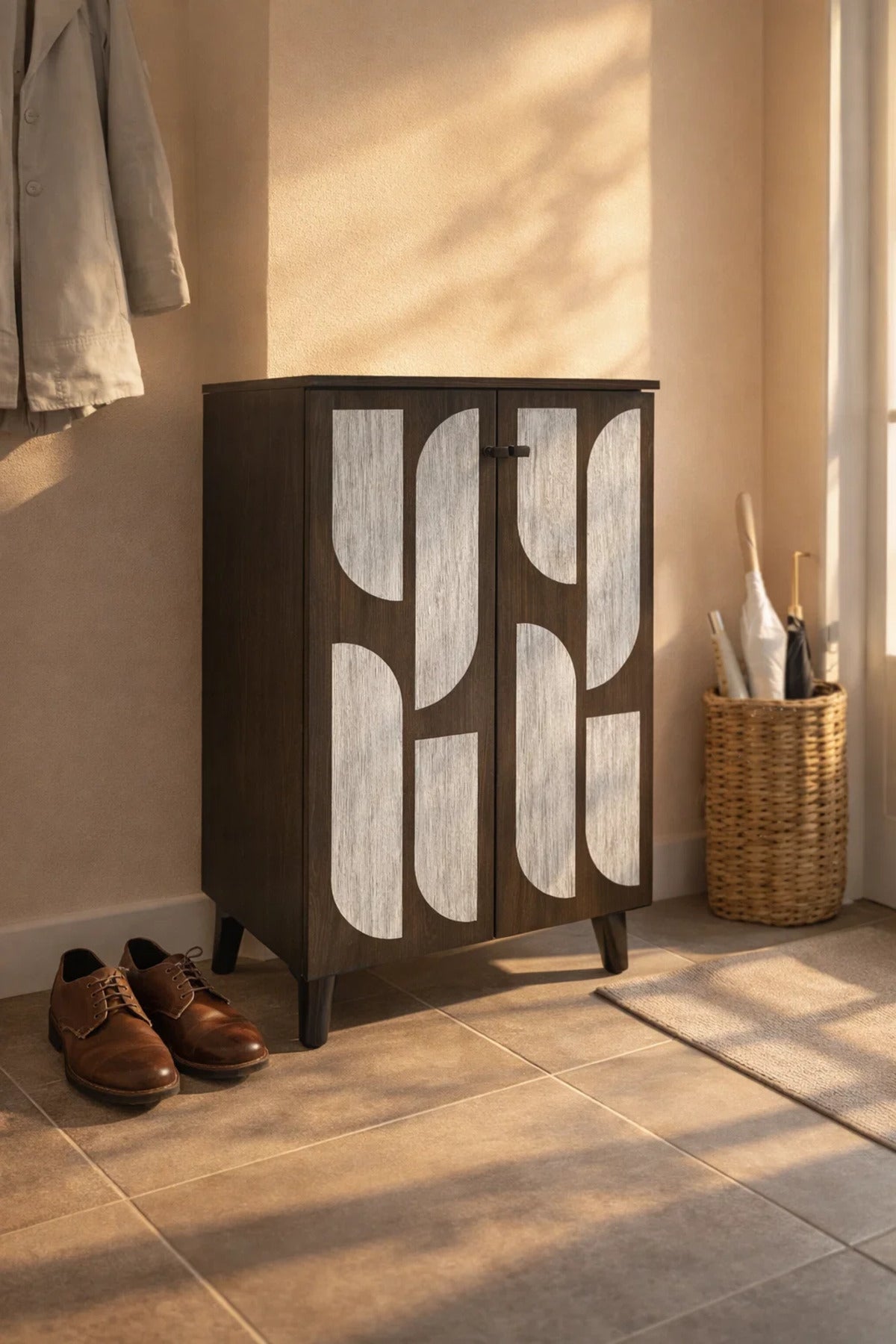 Brown & Grey Shoe Cabinet 60_34_91 cm √ê Modern Shoe Organizer with Decorative Doors