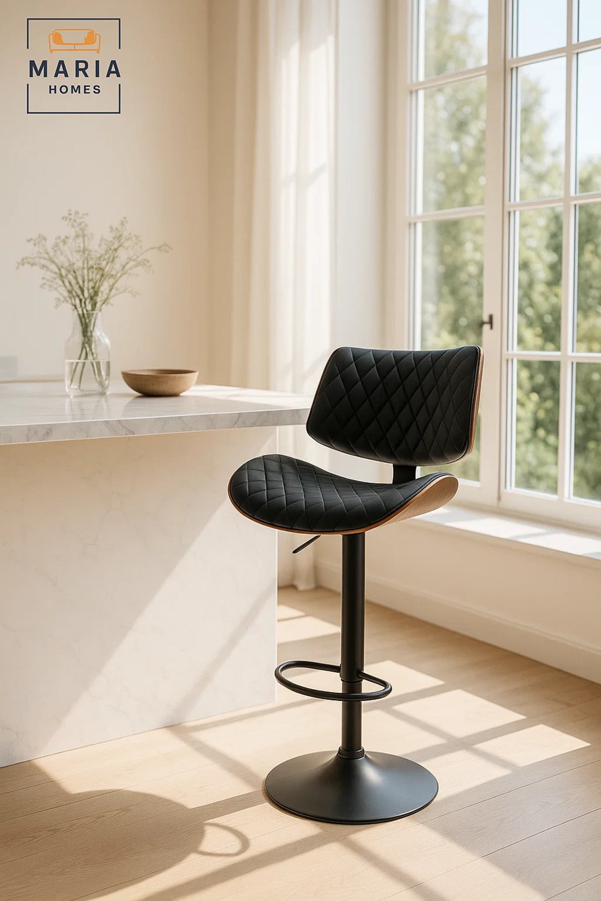 Black Adjustable Modern Bar Stool for Kitchen Island & Home Bar, Swivel, Cushioned, Wood Trim
