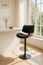 Black Adjustable Modern Bar Stool for Kitchen Island & Home Bar, Swivel, Cushioned, Wood Trim