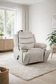 Modern Light Grey Fabric Swivel Rocking Recliner Chair with Built-in Phone Holder for Home Relaxing