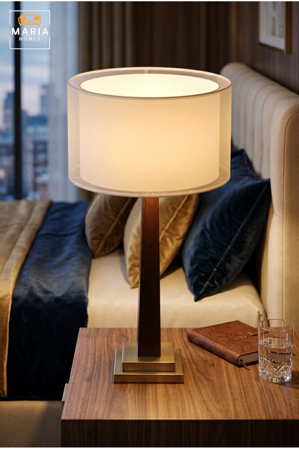 Modern Wooden Table Lamp with White Double Layer Drum Shade, Slim Tapered Base and Gold Tone Accents for Bedroom, Living Room, Office and Hotel