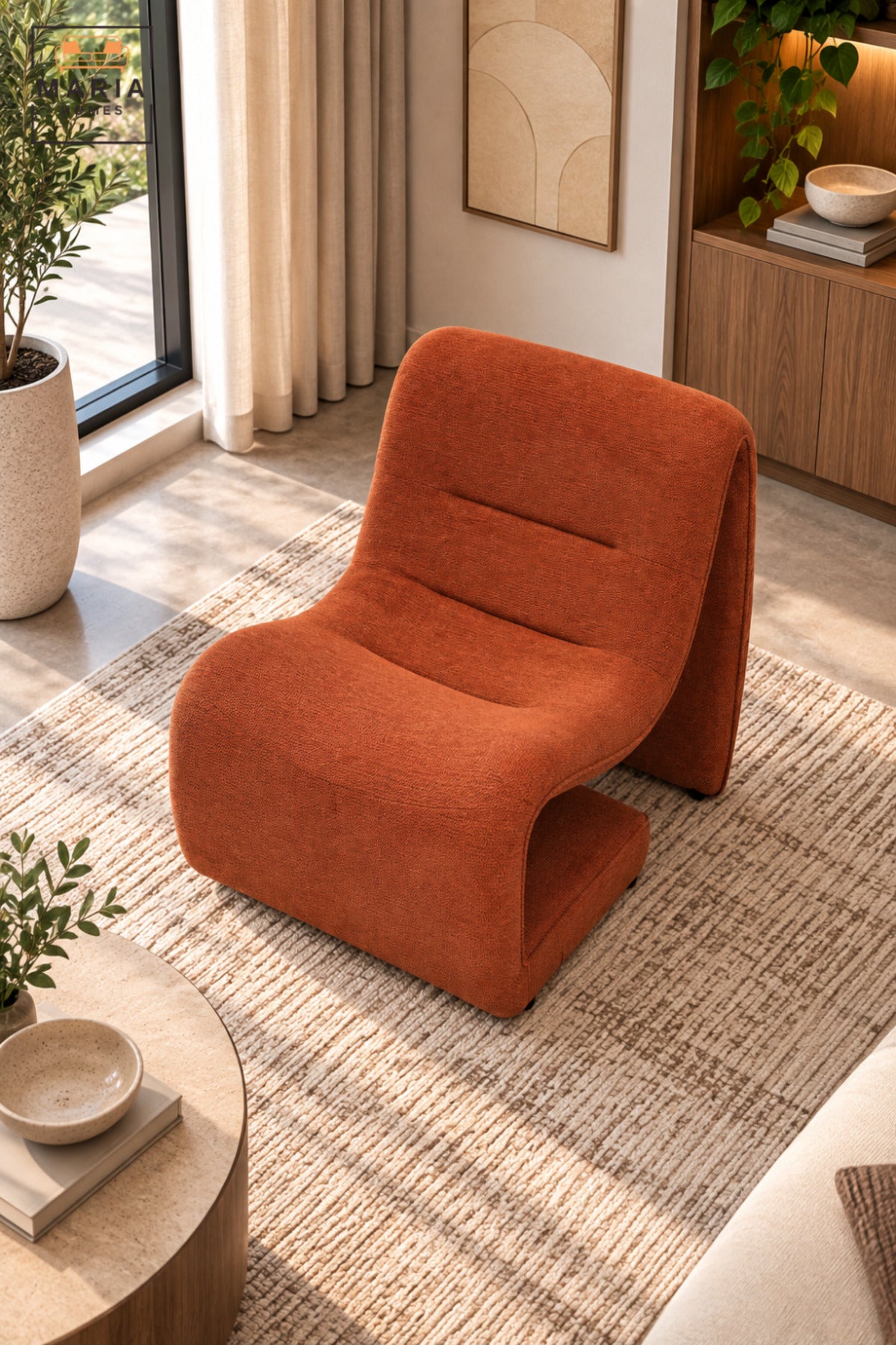 Modern Orange Upholstered Accent Chair with Sculptural Curved Design, Padded Seat for Living Room, Bedroom, Lounge & Reading Corner