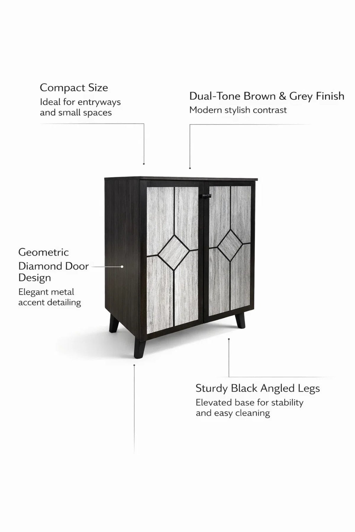 Elegant Two Door Shoe Cabinet with Geometric Pattern for Hallway Organization and Home Decor Brown