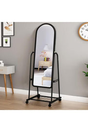 Full-Length Standing Mirror with Wheels and Storage Rack Black Metal Frame for Bedroom & Entryway