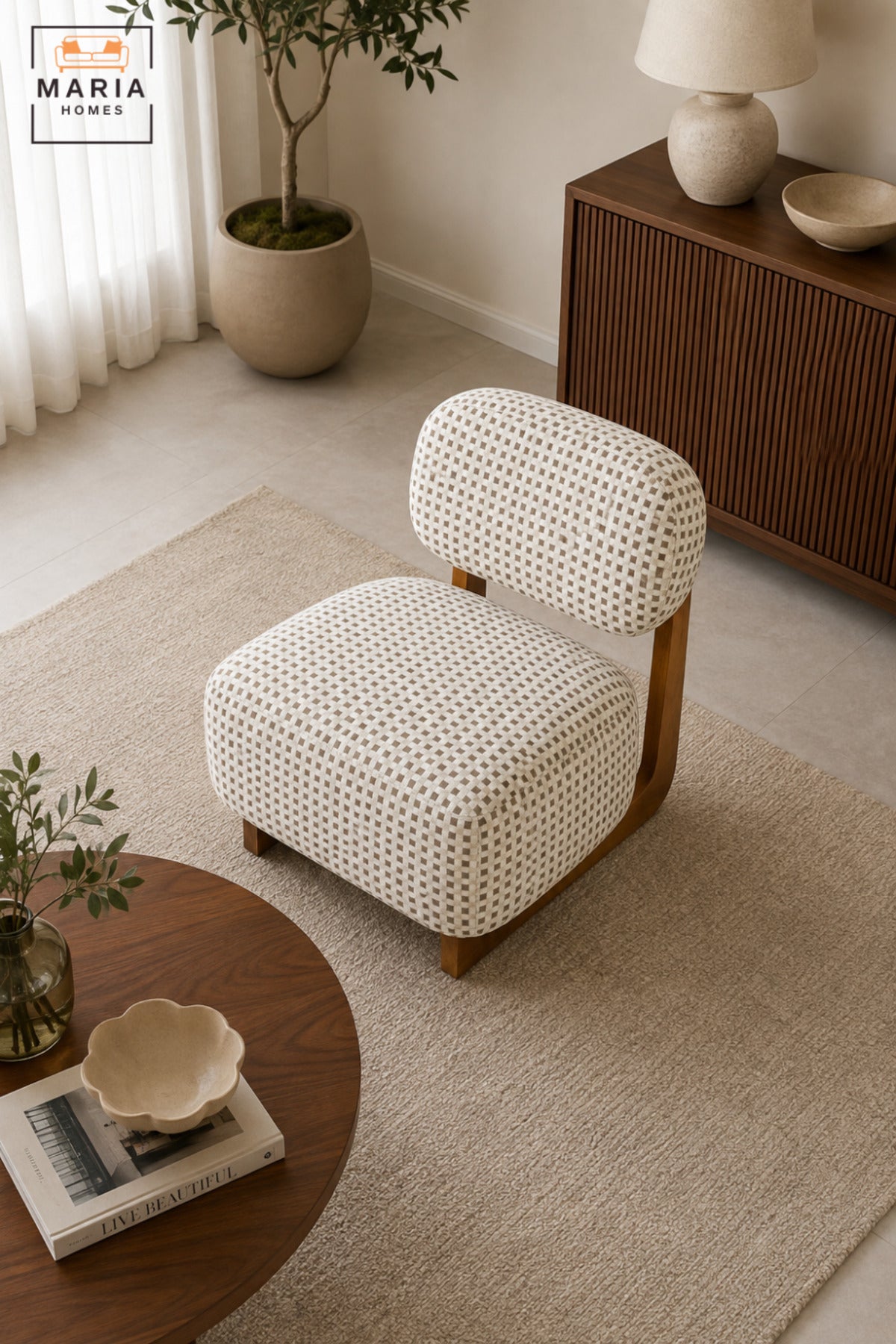 Modern Checkered Upholstered Accent Chair with Wooden Frame & Padded Backrest | Contemporary Armless Lounge Chair for Living Room, Bedroom & Reception