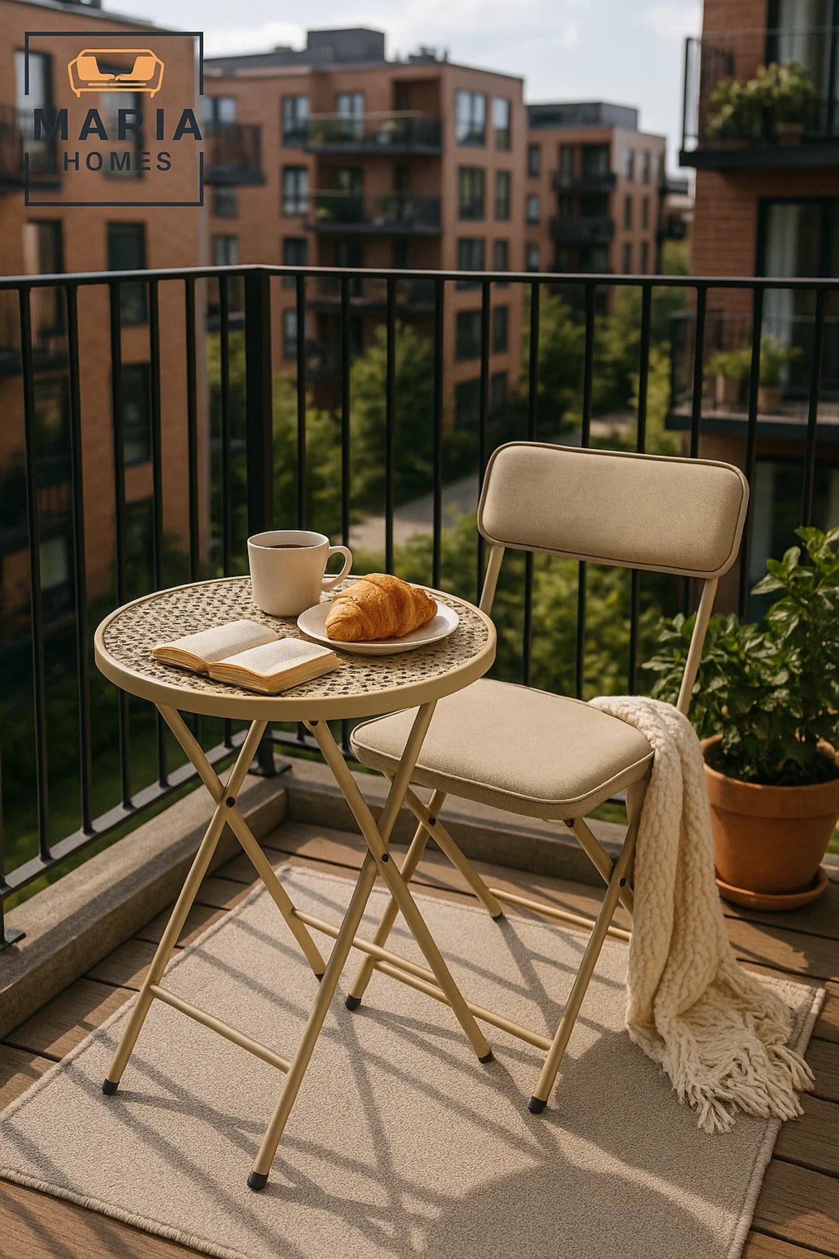 Beige Metal Folding Round Patio Table